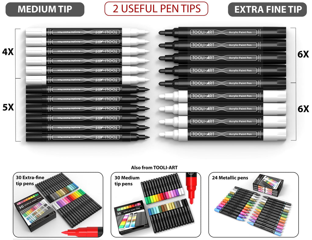TOOLI-ART Black and White Acrylic Paint Pens with 0.7mm  and 3.0mm tip Markers Set of 21