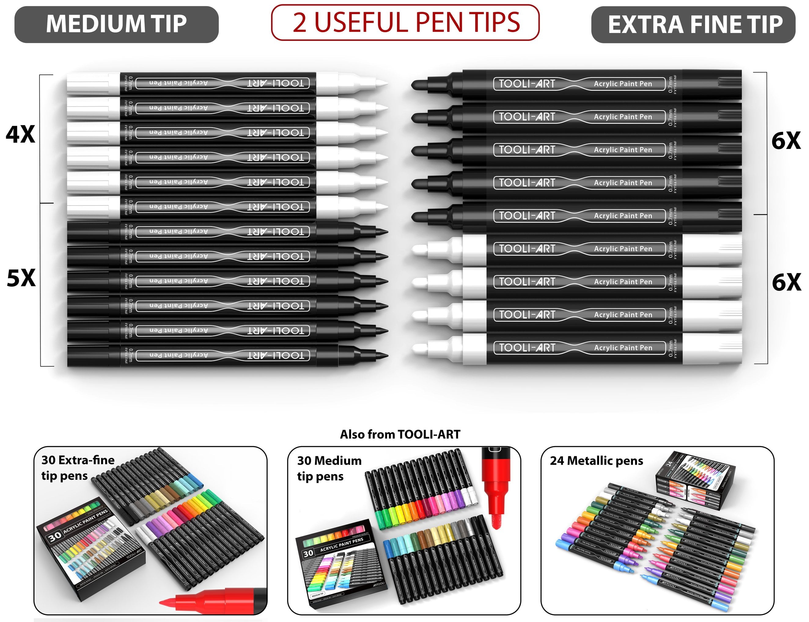 TOOLI-ART Black and White Acrylic Paint Pens with 0.7mm  and 3.0mm tip Markers Set of 21
