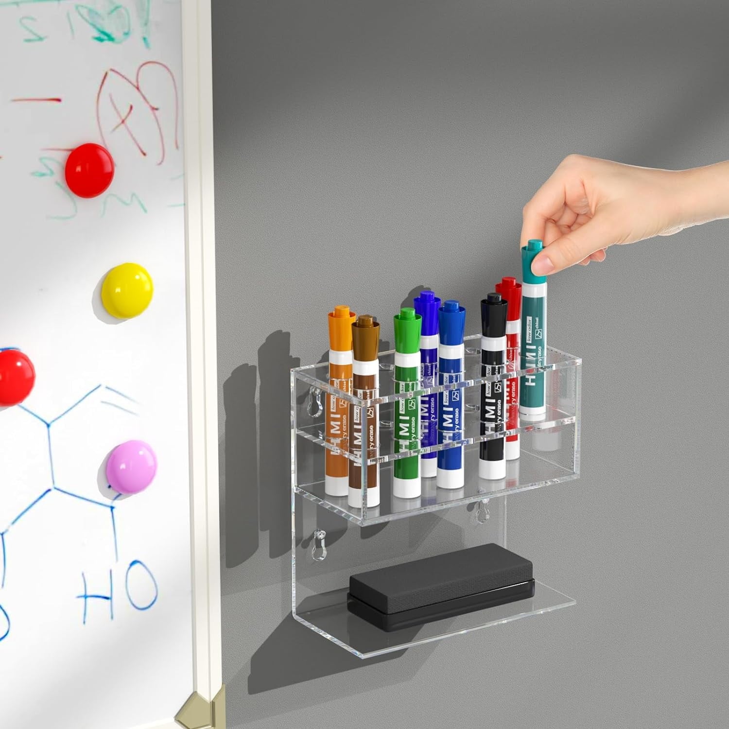 NIUBEE Dry Erase Whiteboard Magnetic Marker Holder Wall Mounted with 10 Marker Slots & Eraser Holder, Clear Acrylic Marker Organizer Stand for Fridge Whiteboard Locker, Wall Pen Pencil Marker Shelf