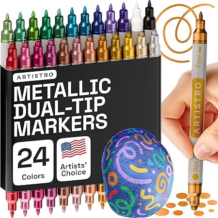 ARTISTRO 24 Metallic Dual-Tip Acrylic Paint Markers for Rock, Canvas, Glass, Wood, & More Fine + Dot Tips