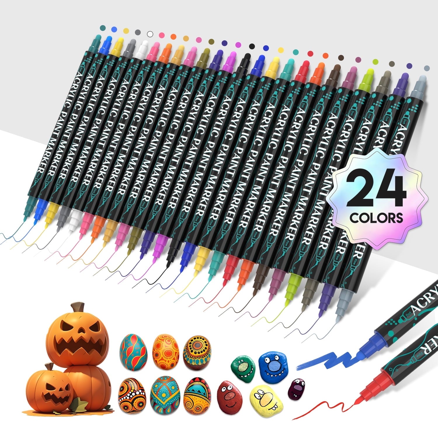 Acrylic Paint Markers, 24 Colors Dual Tip Acrylic Paint Pens for Wood, Canvas, Stone, Rock Painting, Glass, Ceramic Surfaces, DIY Crafts Making, 24 Dual Tip Acrylic Markers