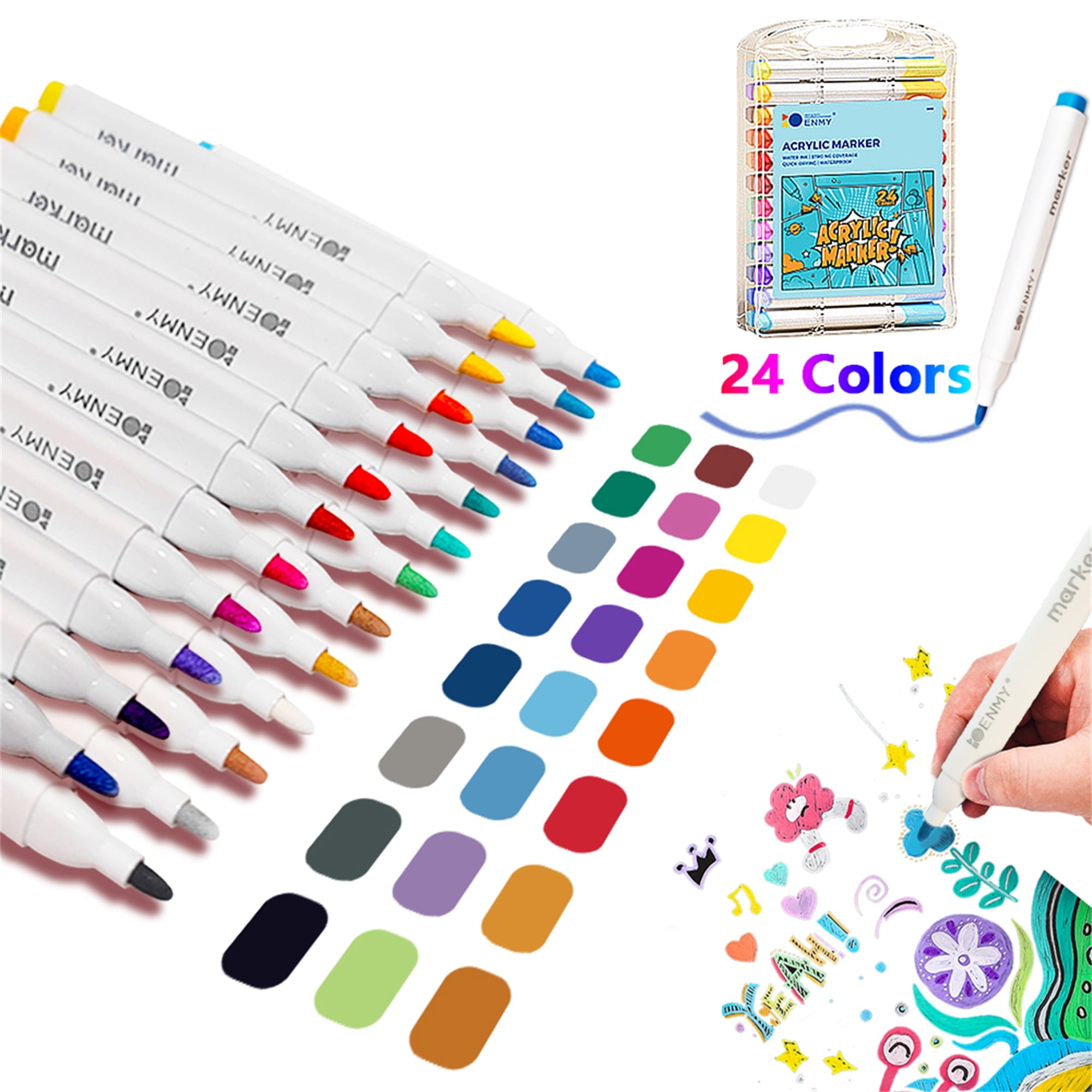 Acrylic Paint Pens Set,24 Colors Acrylic Markers Kits for 2mm Painting,Quick Dry Acrylic Paint Markers for Wood,Canvas,Stone,Rock Painting,Glass,Ceramic Surfaces,DIY Crafts Making Art Supplies