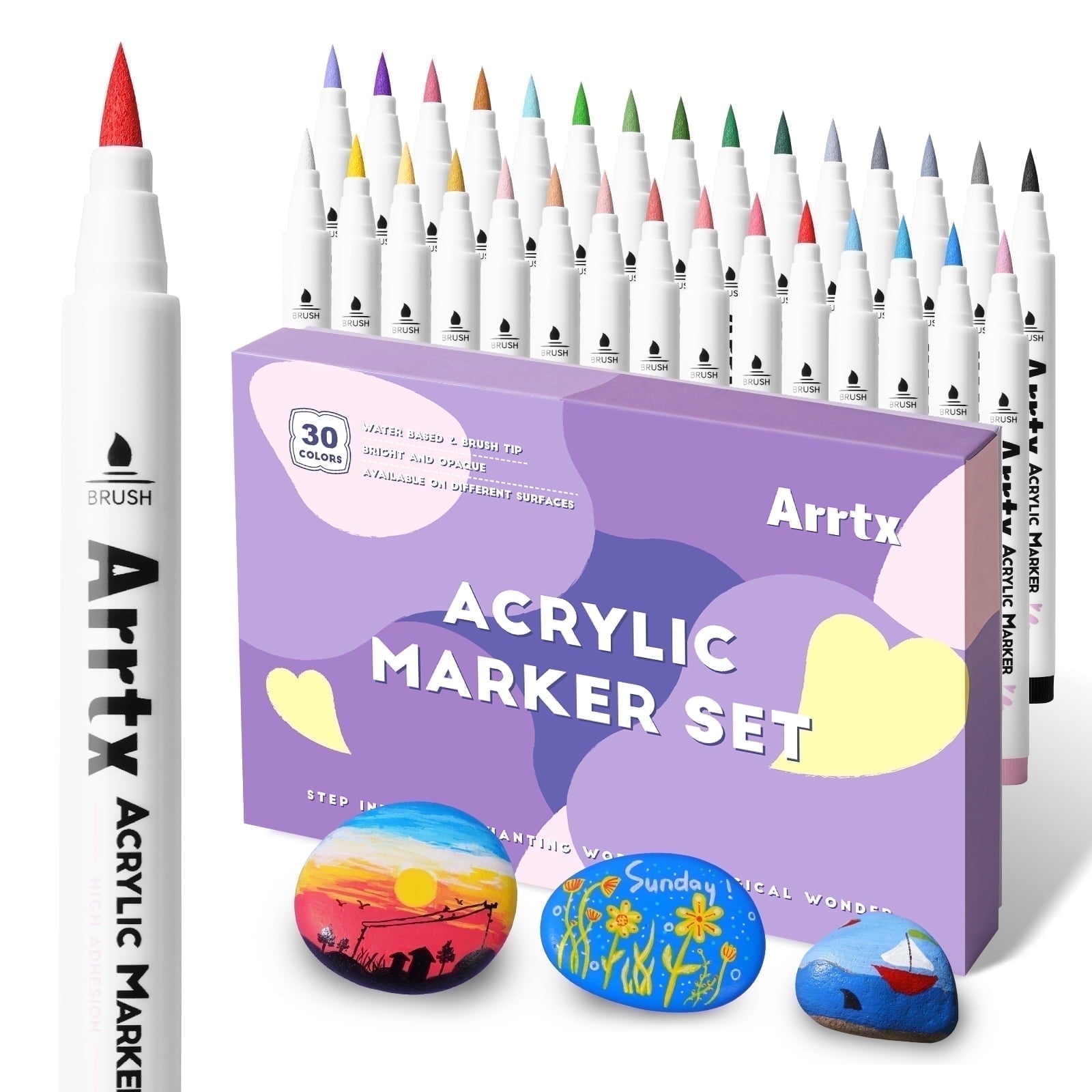 Arrtx 30 Colors Acrylic Paint Pens for Rock Painting, Extra Brush Tip, Water Based Paint Markers for Stone, Craft DIY, Easter Egg, Wood, Glass and More