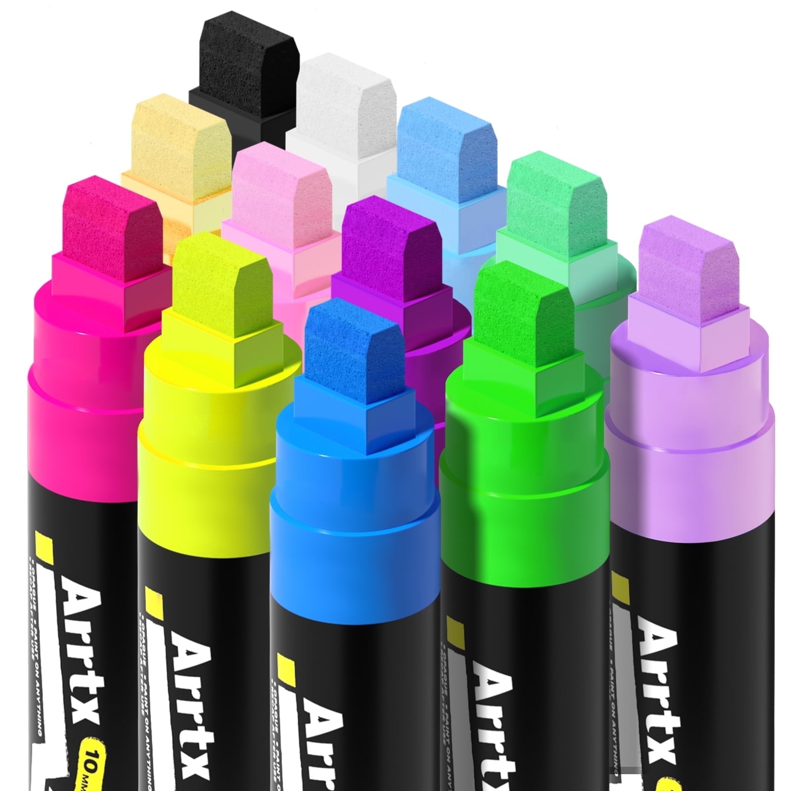 Arrtx Acrylic Paint Markers, 10mm Felt Tip Jumbo Markers, 12 Pack Colored Graffiti Markers
