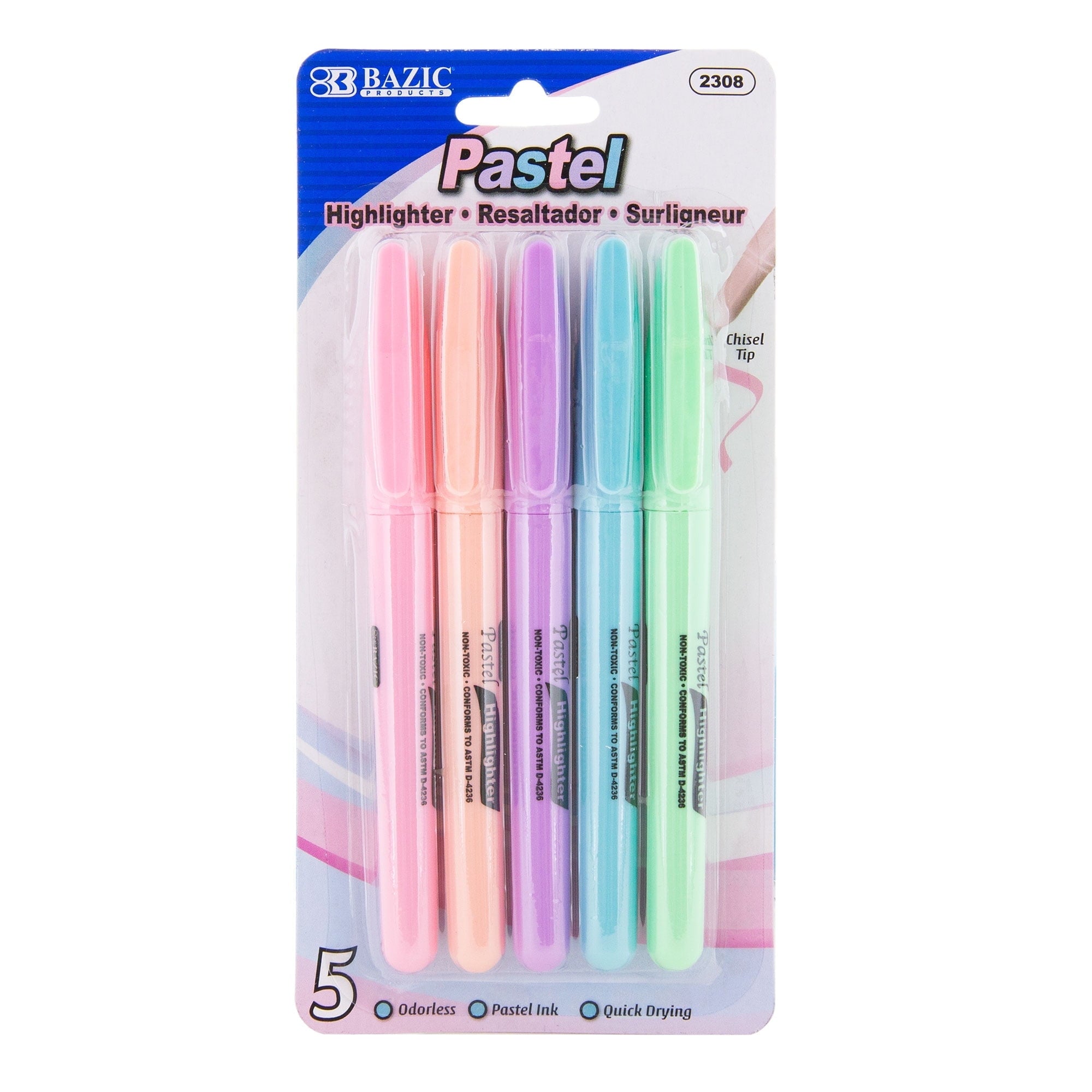 BAZIC Pastel Highlighter Assorted Color Pen Style, Chisel Tip Broad Fine Line Highlighters (5/Pack), 1-Pack