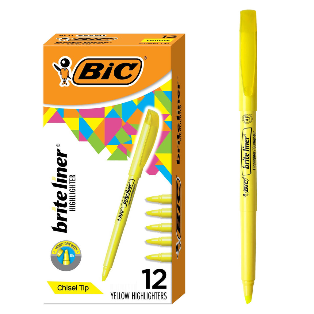 BIC Brite Liner Yellow Highlighters, Chisel Tip, 12-Count Pack