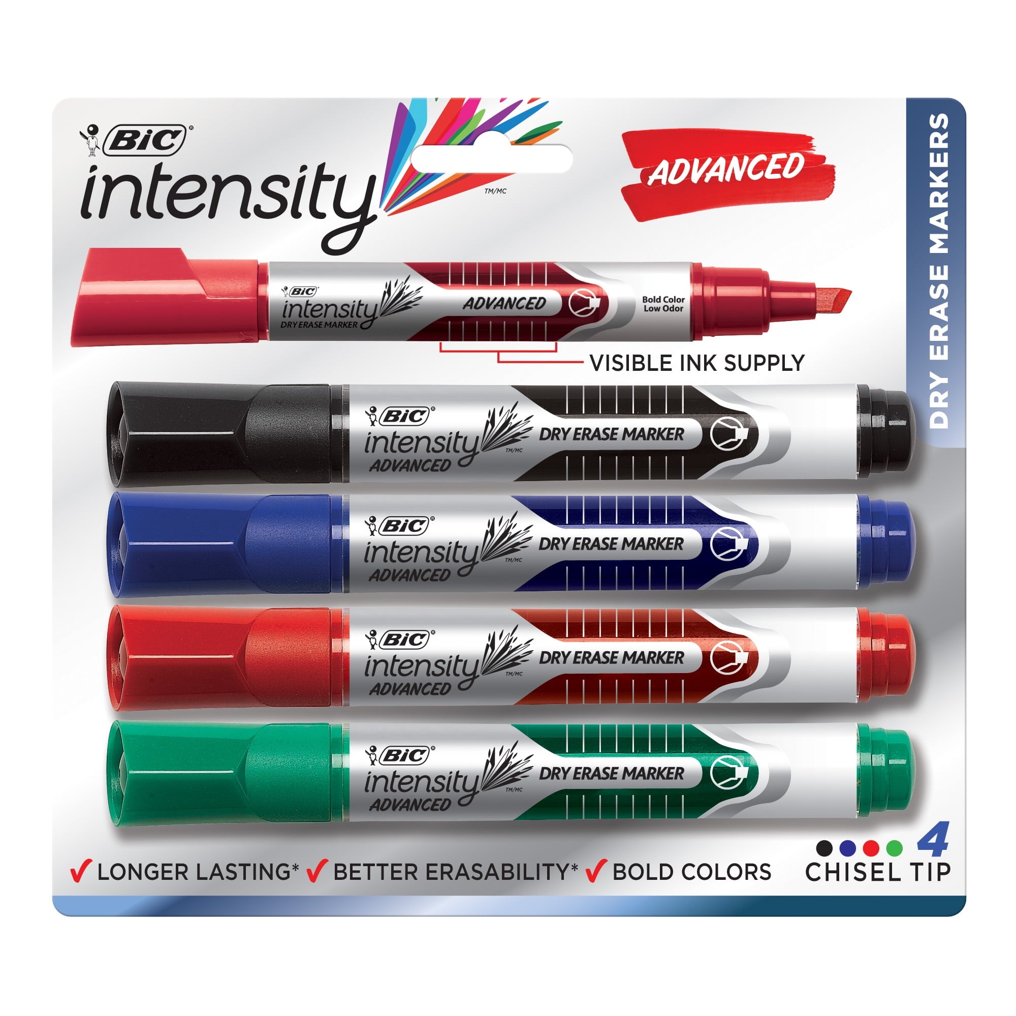 BIC Intensity Advanced Dry Erase Tank Marker, Chisel Tip, Assorted Colors, 4 Count