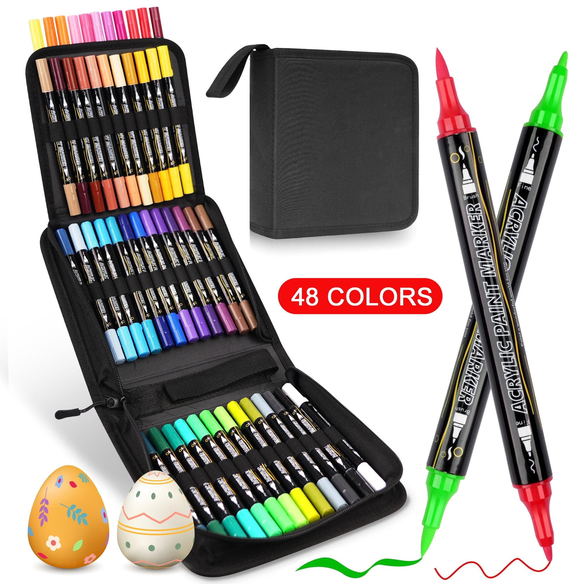 BUSATIA 48 Colors Paint Markers Acrylic Paint Pens, Dual Tip with Brush Tip and Fine Tip, Art Supplies for Rock Painting, Wood, Canvas, Stone, Glass, DIY Crafts Making Drawing Kit with Bag