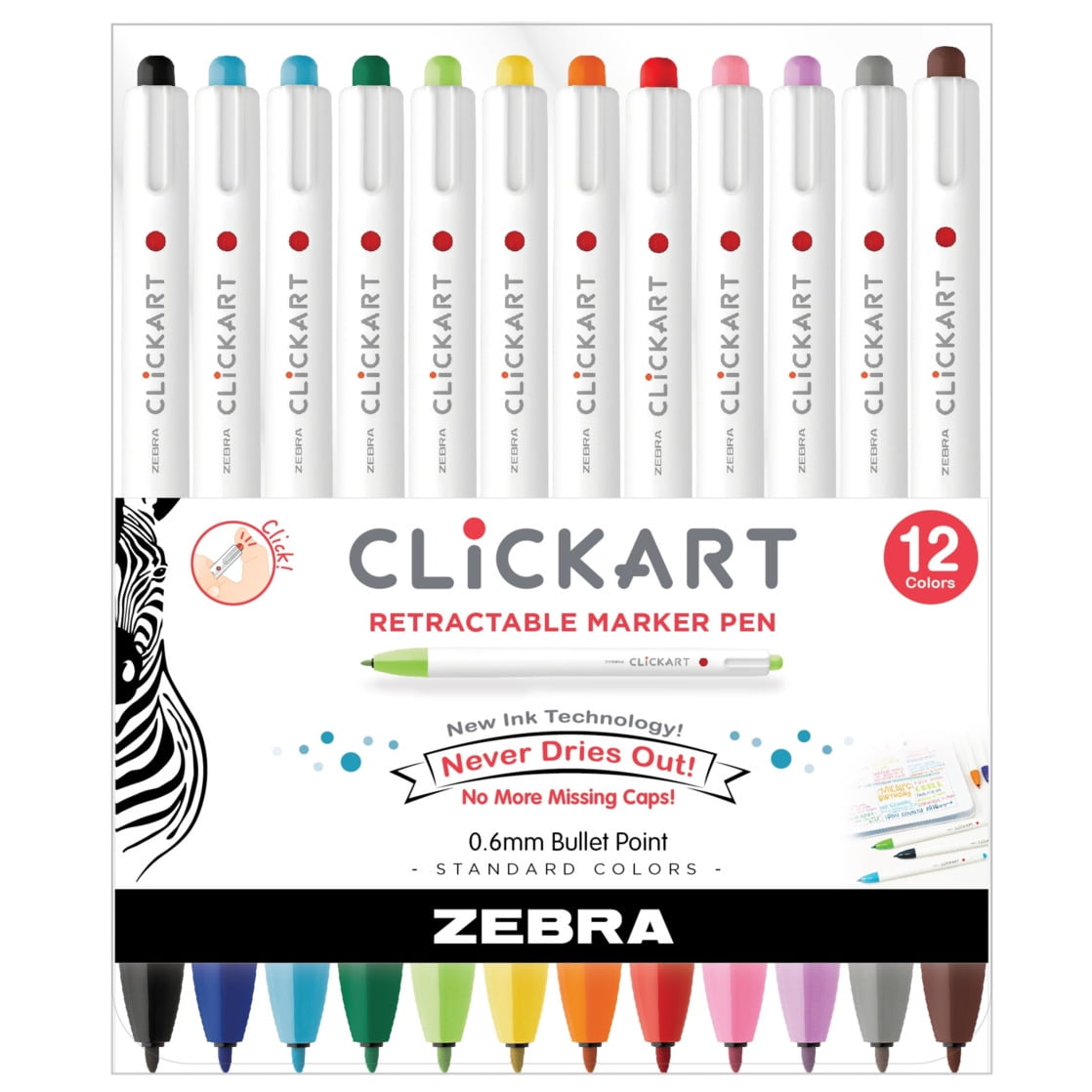 CLiCKART Retractable Marker, 0.6 mm Fine Bullet Point Tip, Assorted Colors, Pack of 12