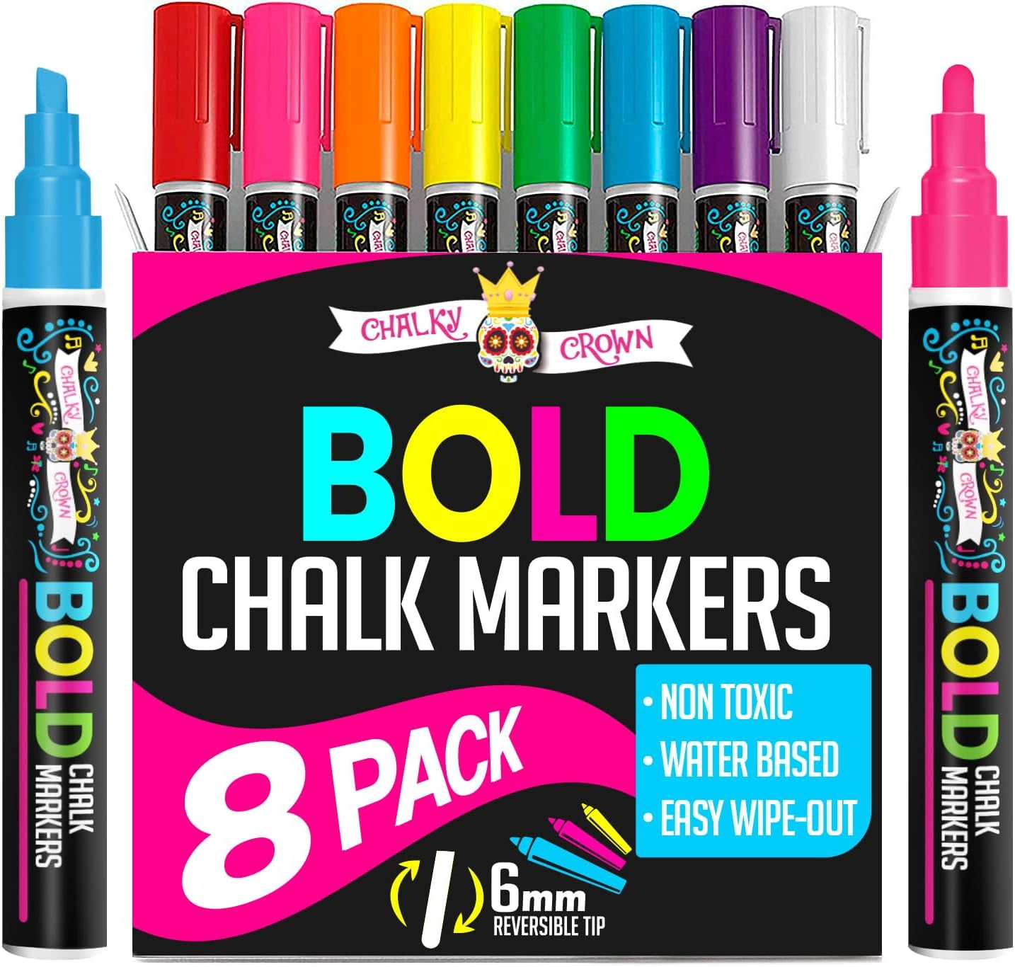 Chalky Crown - Bold Chalk Markers - Dry Erase Marker Pens - Reversible Tip - 8 Pack, 6 mm