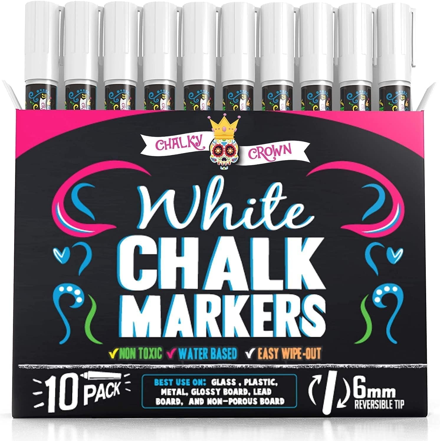Chalky Crown - Liquid Chalk Markers for Blackboards Sign Window 6mm Rev Tip - White, 10 Packs