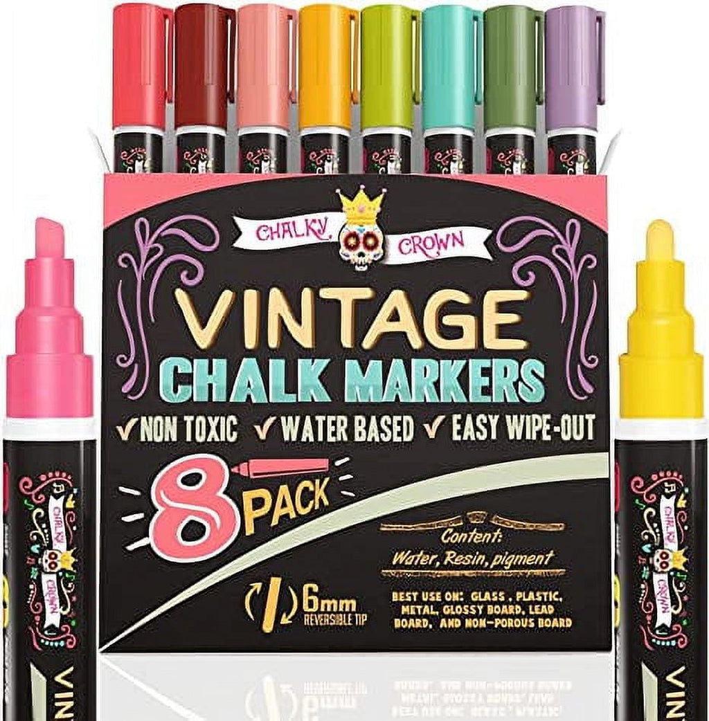 Chalky Crown - Liquid Chalk Markers  for Signs, Windows, Blackboard, Glass - Reversible Tip (8 Pack, 6mm)