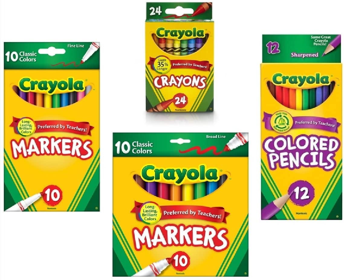 Crayola Crayons (24 Count), Crayola Colored Pencils in Assorted Colors (12 Count), Crayola (10ct) Classic Fine Line Markers, and Crayola (10ct) Classic Broad Line Markers