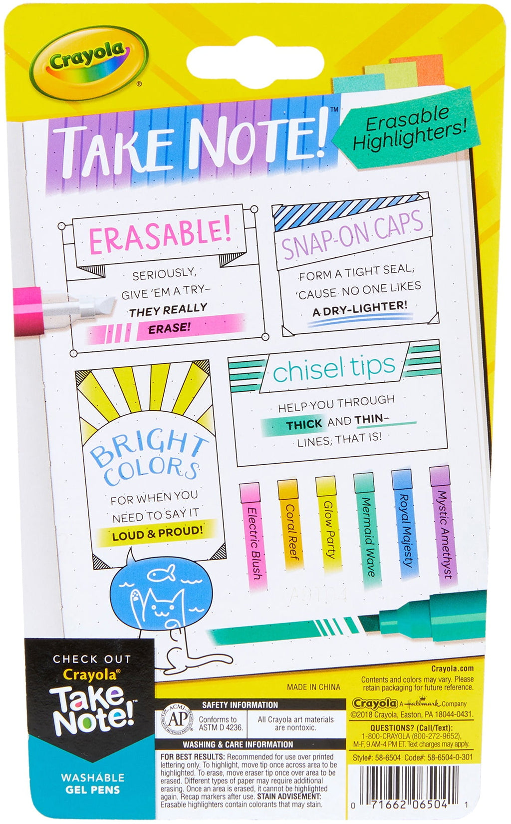 Crayola Take Note! Chisel Tip Erasable Highlighters, 6 Count, Ages 6+