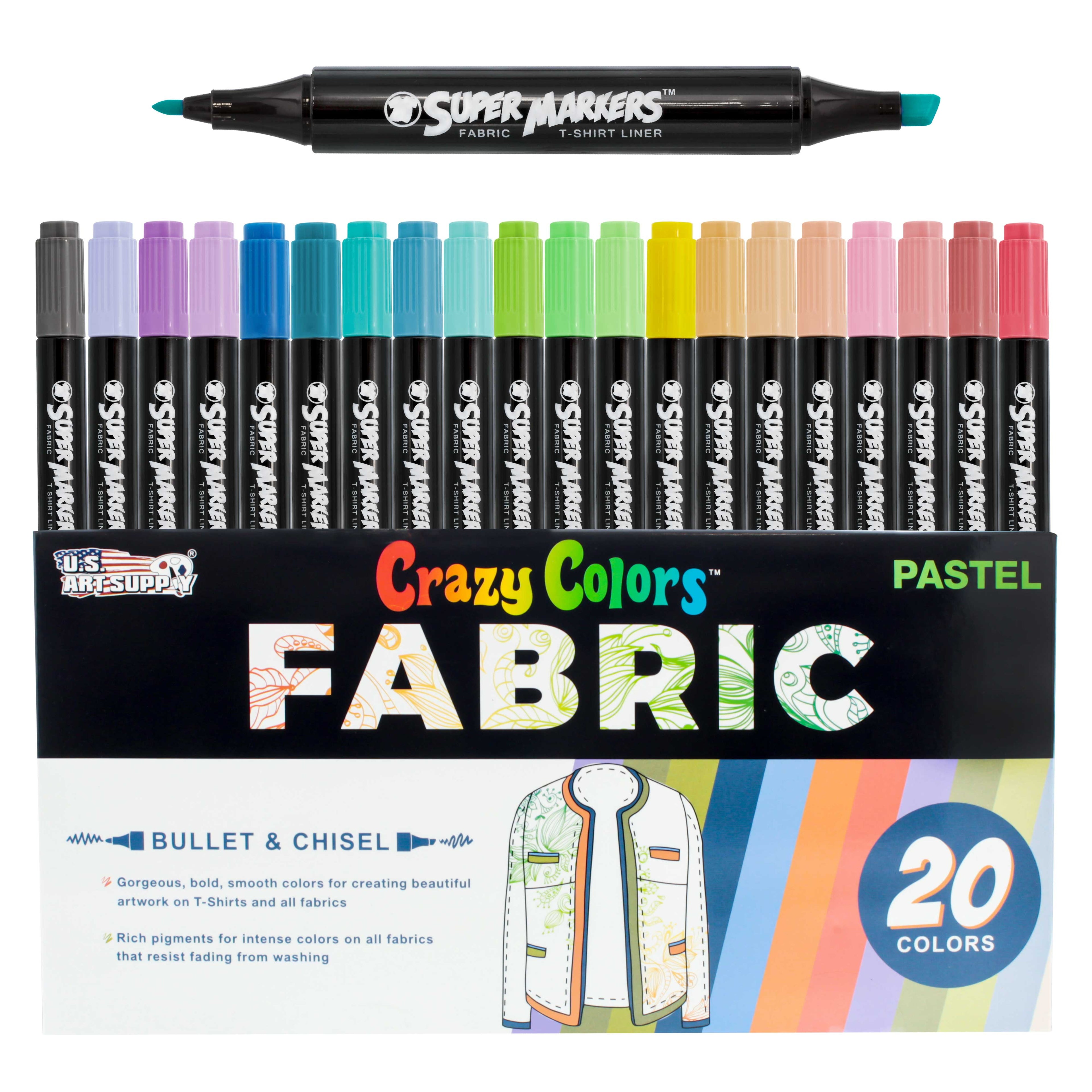 Crazy Colors Dual Tip Fabric & T-Shirt Marker 20 Color Pastel Set - Bullet & Chisel Tips