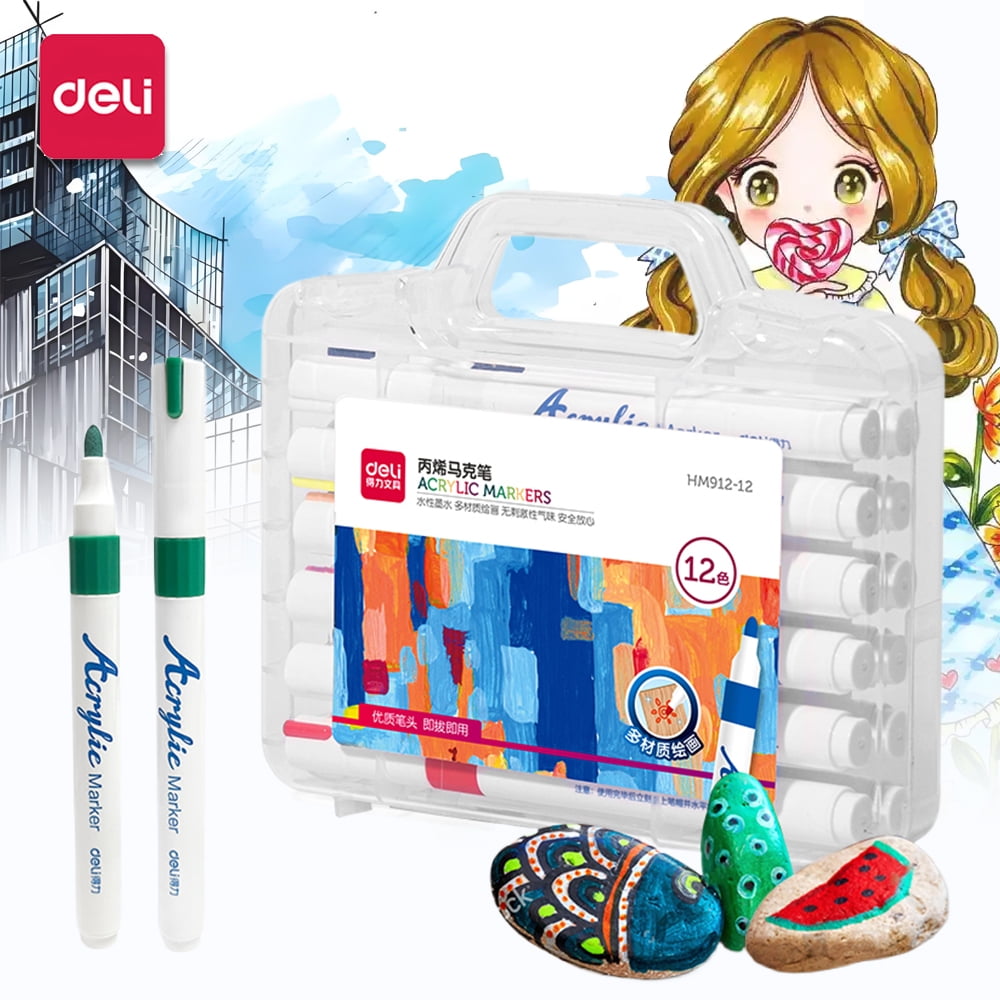 Deli Paint Markers Quick Drying Acrylic Marker Pens Paint Pens for Wood Rock Canvas (12 Colors)