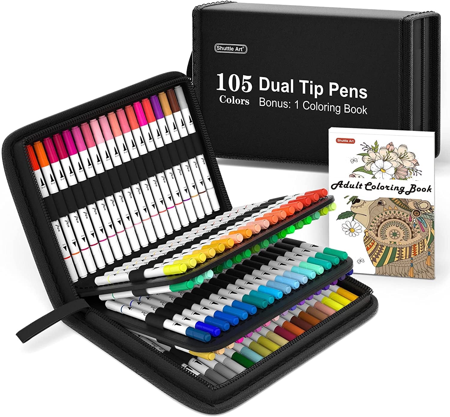 Dual Tip Brush Pens Art Markers, Shuttle Art 105 Colors Fine and Brush Dual Tip Markers Set in Portable Case with 1 Coloring Book for Adult Artist Coloring