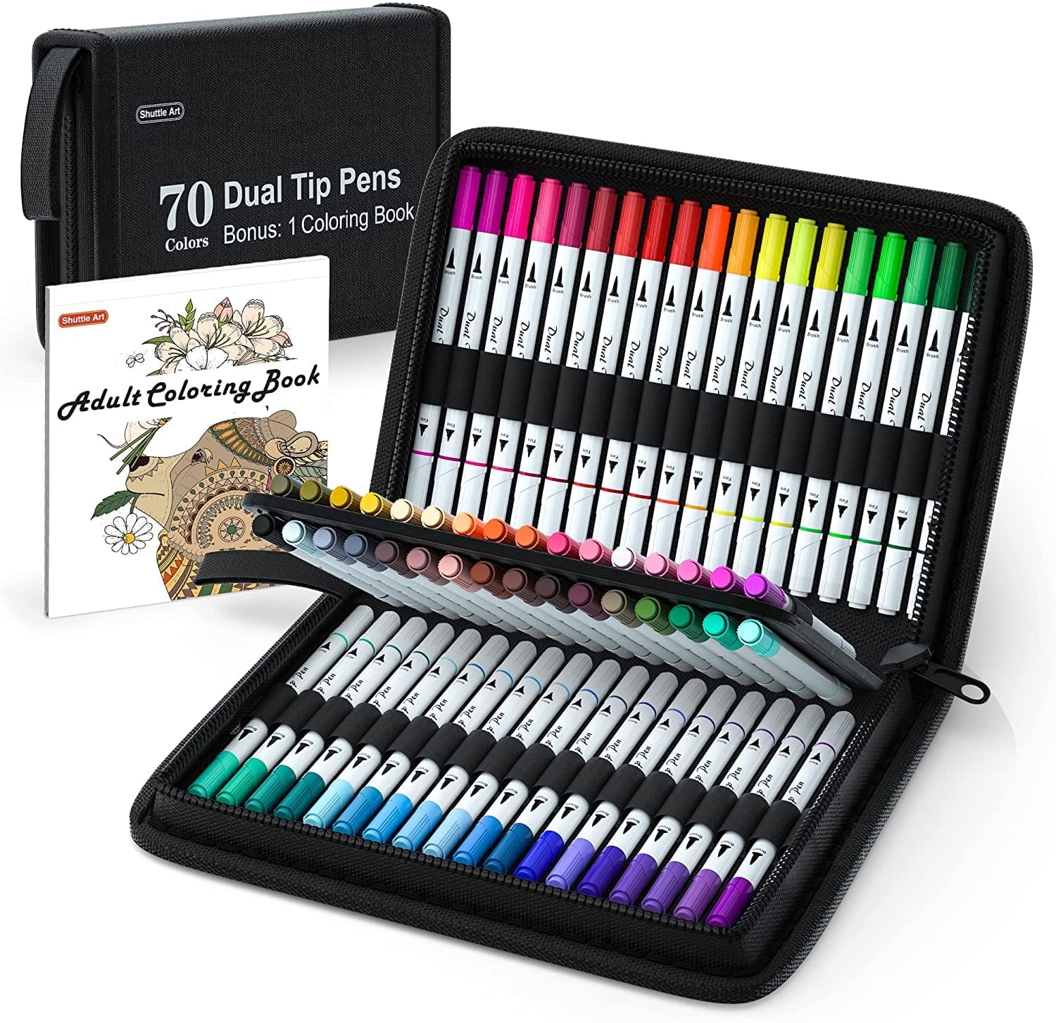 Dual Tip Brush Pens Art Markers, Shuttle Art 70 Colors Fine and Brush Dual Tip Markers Set in Portable Case with 1 Coloring Book for Adult Artist Coloring