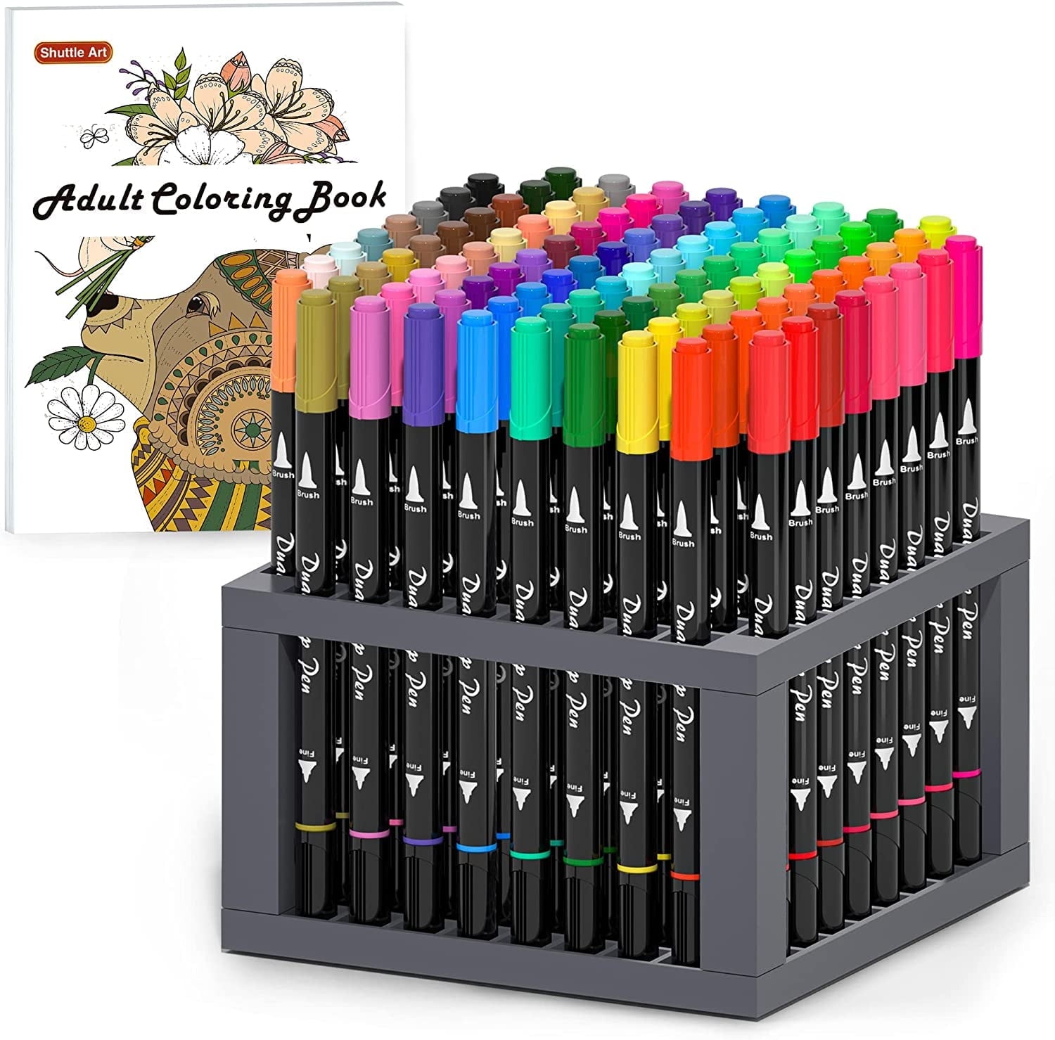 Dual Tip Brush Pens Art Markers, Shuttle Art 96 Colors Fine and Brush Dual Tip Markers Set with Pen Holder and 1 Coloring Book for Adult Artist Coloring