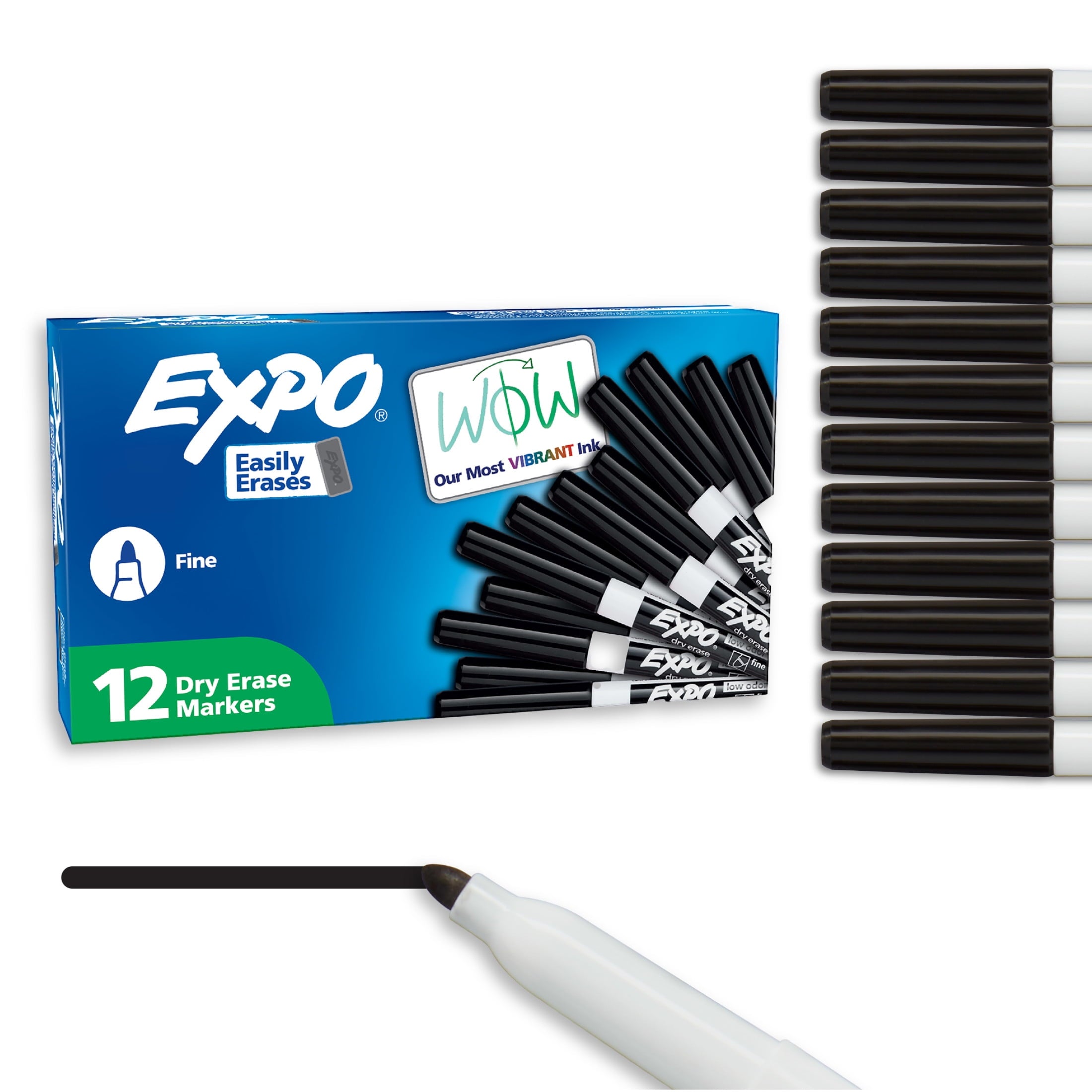 EXPO Magnetic Dry Erase Markers with Eraser, Black, Fine Tip, 12 Count
