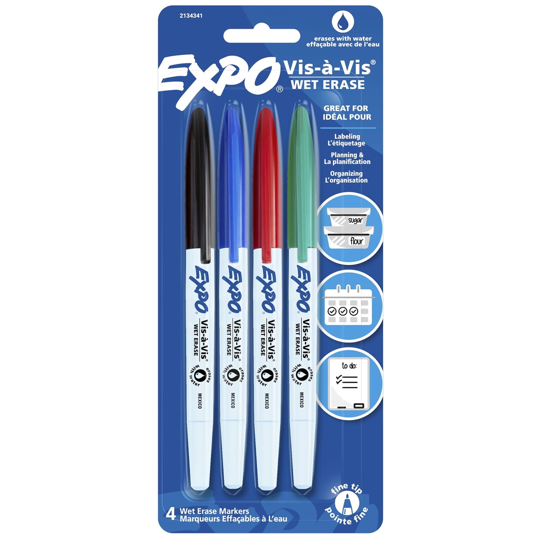 Expo Vis-A-Vis Wet Erase Markers, Assorted Colors, 4 Count