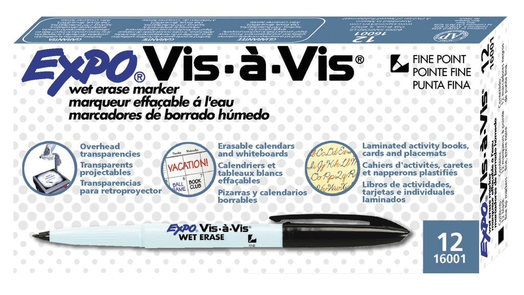 Expo Vis-A-Vis Wet-Erase Overhead Projection Fine Point Markers, Black, 12 Count