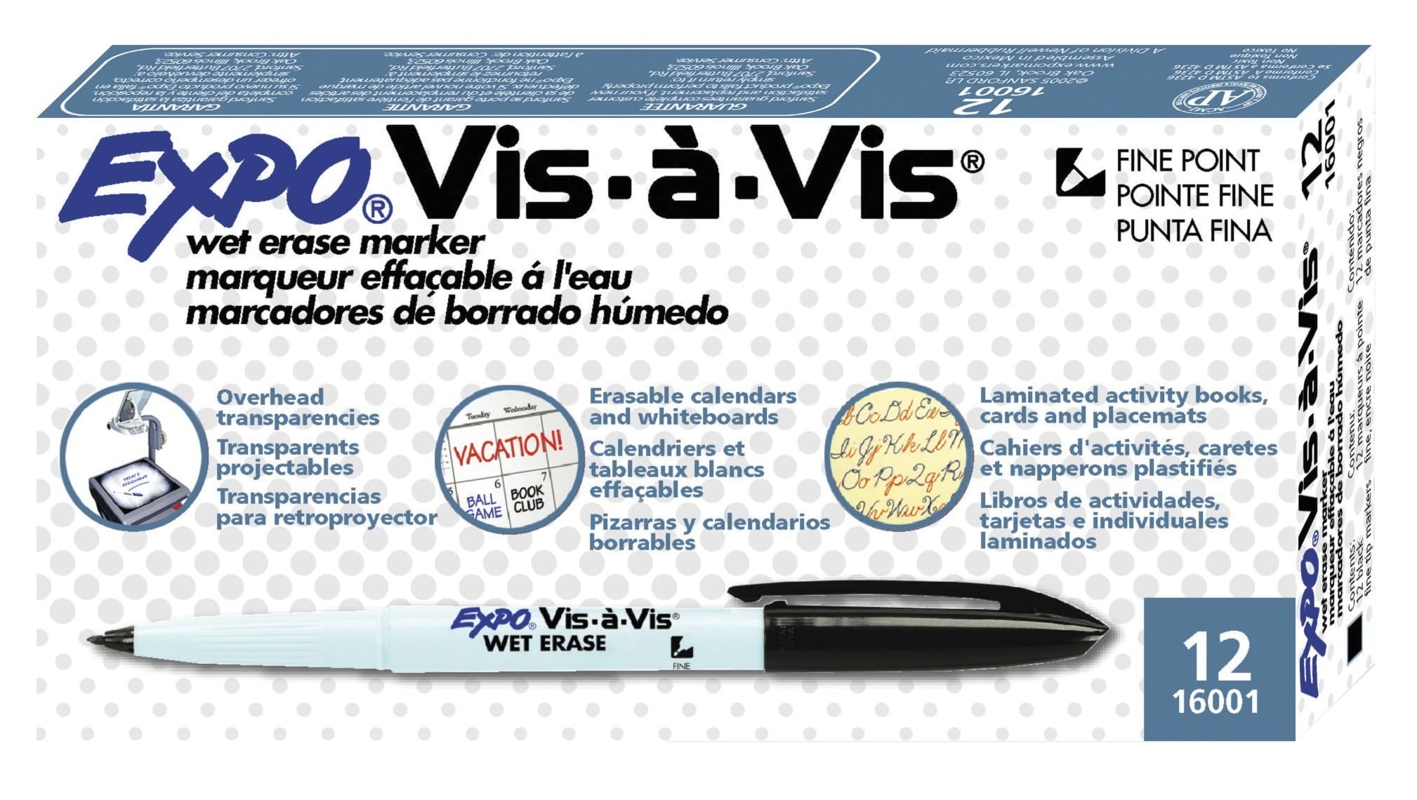 Expo Vis-A-Vis Wet-Erase Overhead Projection Fine Point Markers, Black, 12 Count