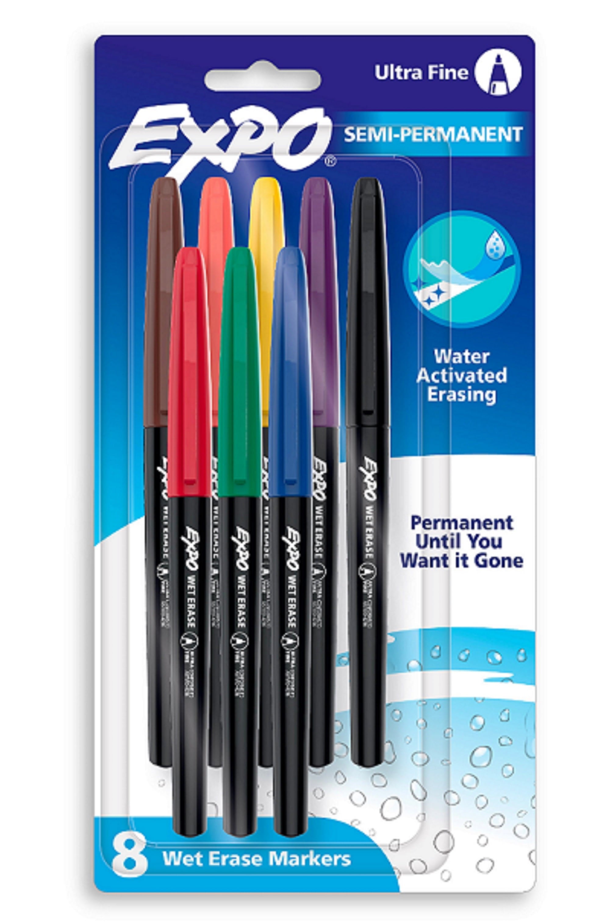 Expo Wet Erase Semi-Permanent Markers, Assorted, Ultra Fine Tip, 8 Count