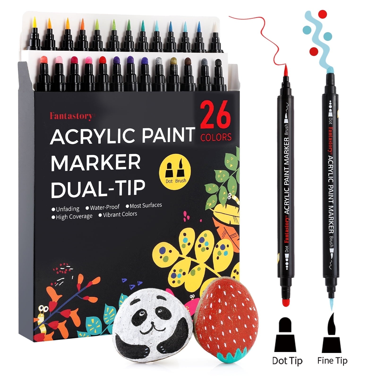 Fantastory Dual Tip Acrylic Paint Marker Set, 26 Colors, for Rock Painting, Wood, Glass, Ceramic, Canvas, Card Making and DIY Crafts