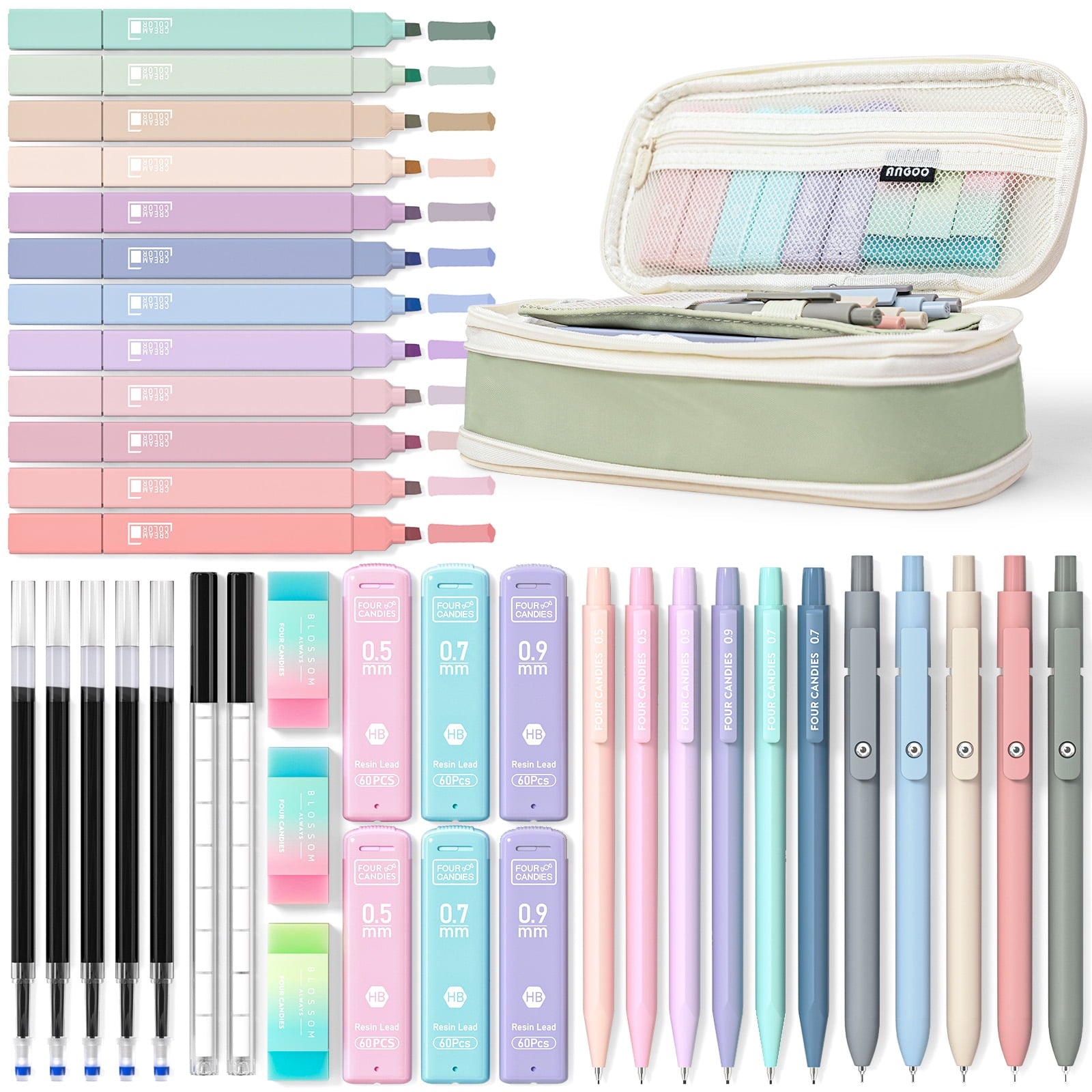Four Candies 39 PCS Aesthetic Supplies with Cute Pen Case, 12 Pastel Highlighters, 5 Black Ink Gel Pens, 6 Mechanical Pencils Set 0.5 & 0.7 mm for Stationary College Essentials (Pink)
