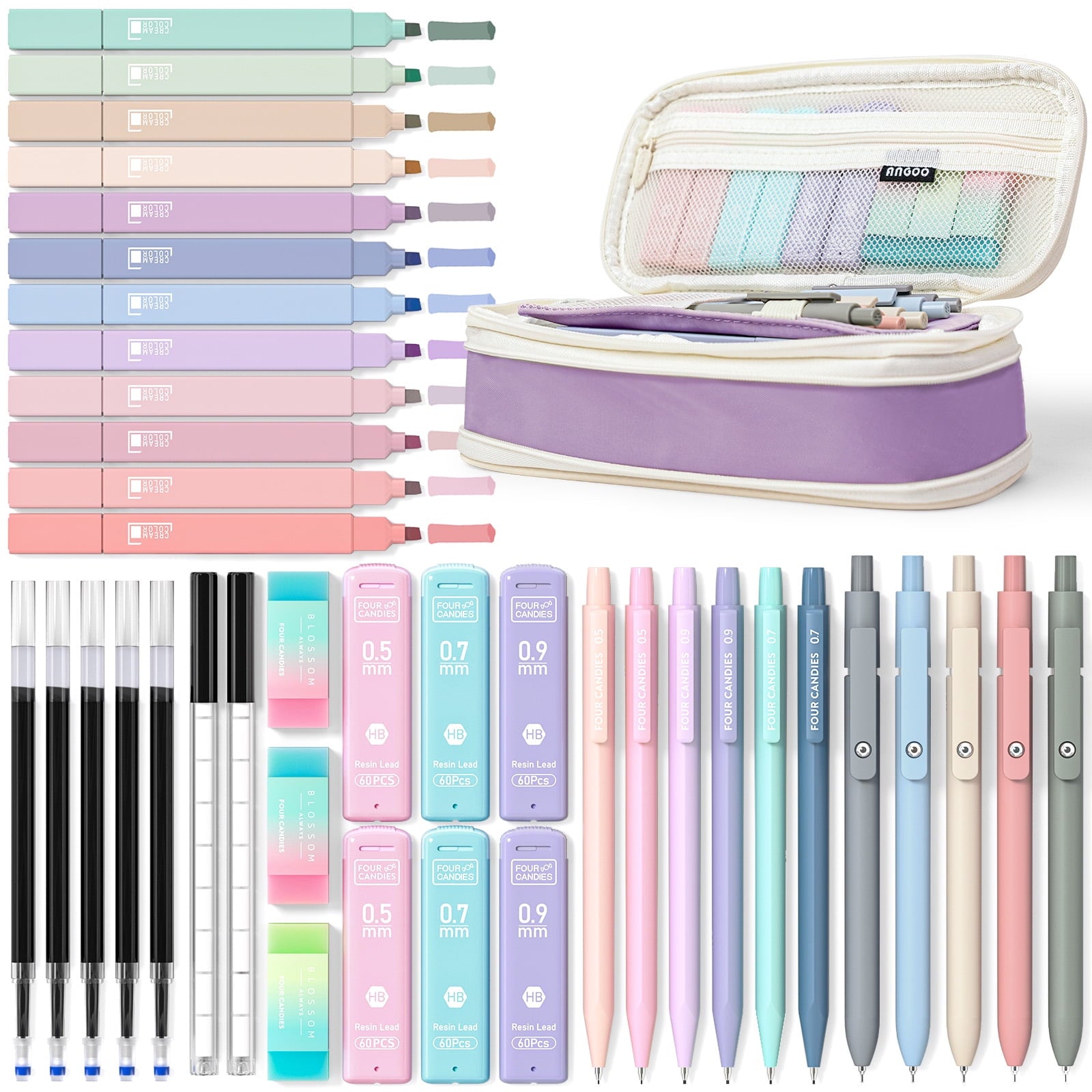 Four Candies 39 PCS Aesthetic Supplies with Cute Pen Case, 12 Pastel Highlighters, 5 Black Ink Gel Pens, 6 Mechanical Pencils Set 0.5 & 0.7 mm for Stationary College Essentials (Pink)