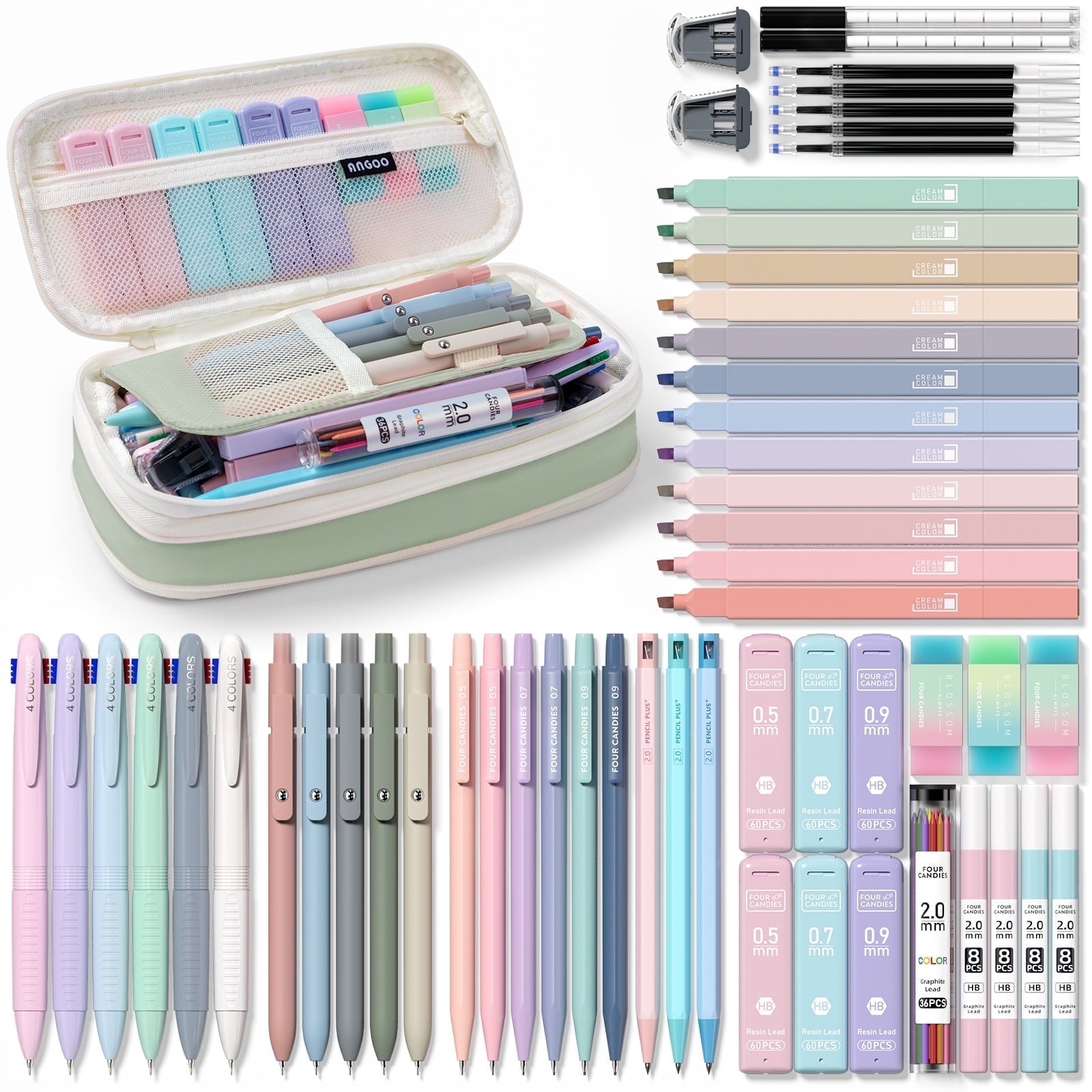 Four Candies 56 PCS Aesthetic Supplies with Large Pencil Case, 6 Colored Ballpoint Pens, 12 Pastel Highlighters, 5 Black Ink Gel Pens, 9 Mechanical Pencils 0.5-2.0mm Essentials (Green)
