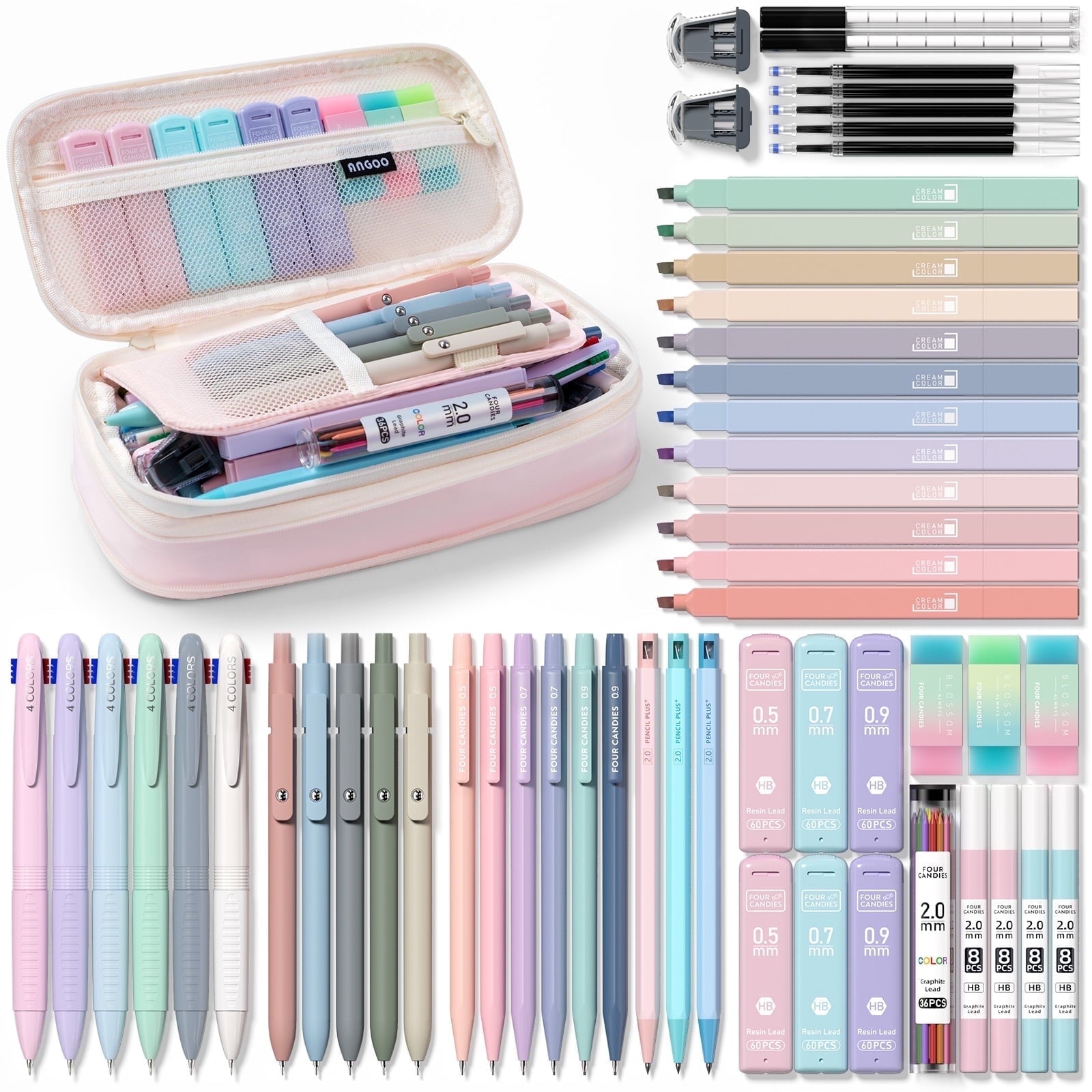 Four Candies 56 PCS Aesthetic Supplies with Large Pencil Case, 6 Colored Ballpoint Pens, 12 Pastel Highlighters, 5 Black Ink Gel Pens, 9 Mechanical Pencils 0.5-2.0mm Essentials (Green)