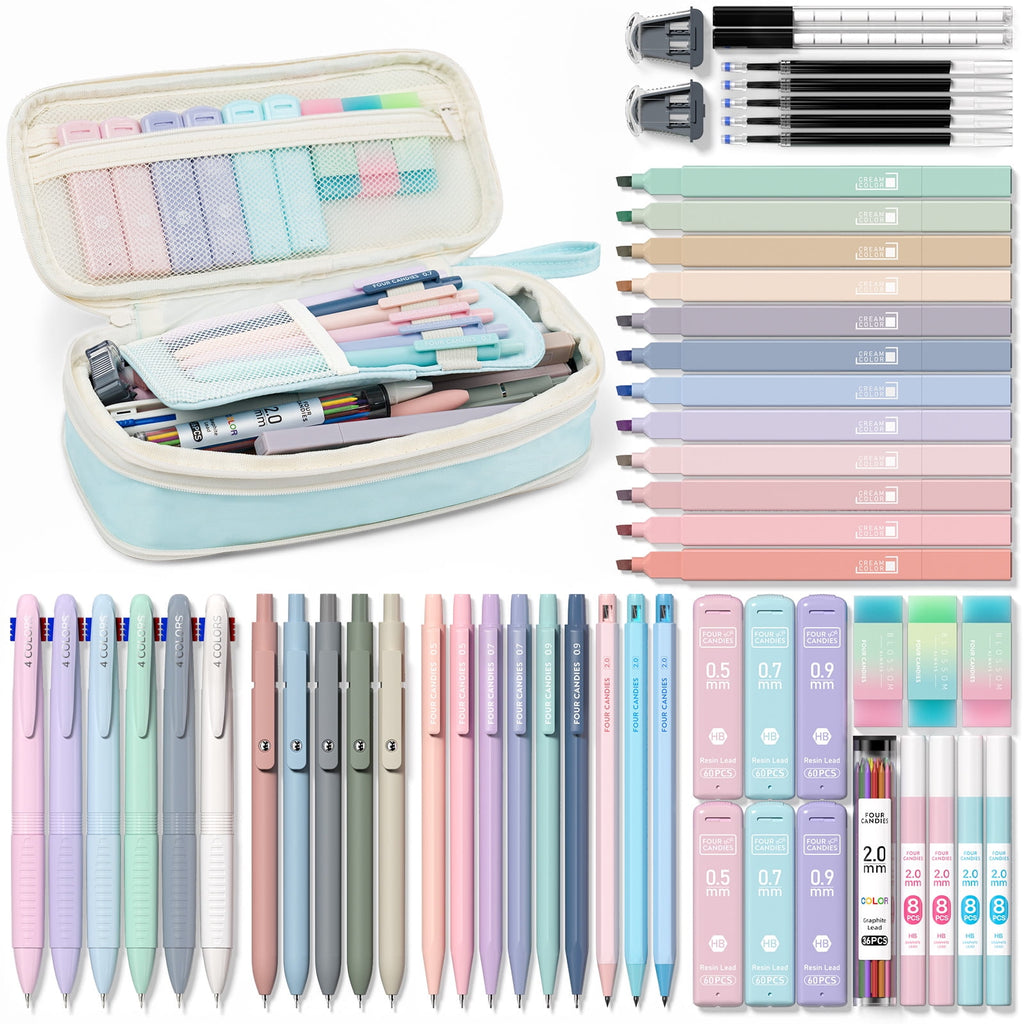 Four Candies 56 PCS Aesthetic Supplies with Large Pencil Case, 6 Colored Ballpoint Pens, 12 Pastel Highlighters, 5 Black Ink Gel Pens, 9 Mechanical Pencils 0.5-2.0mm Essentials (Green)