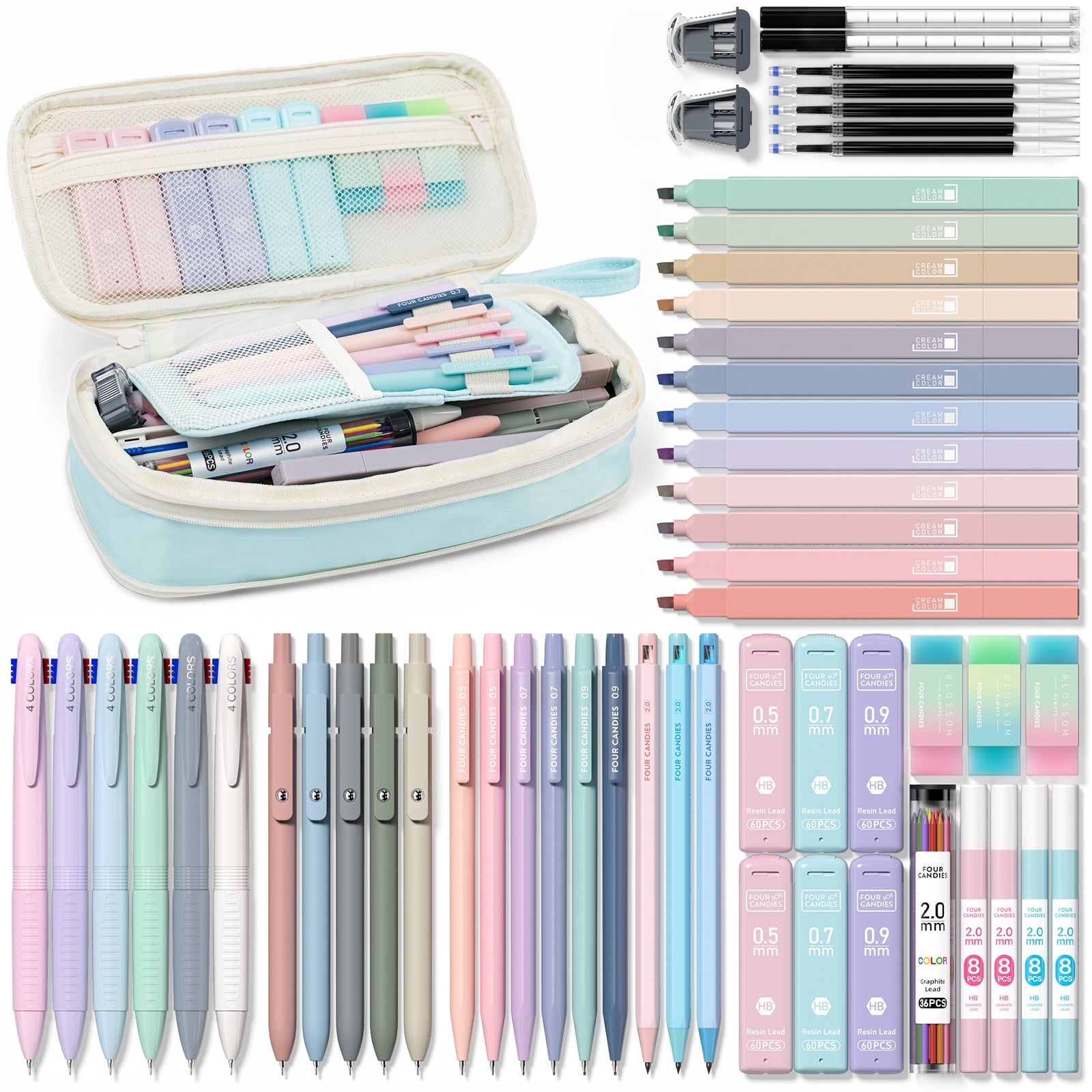 Four Candies 56 PCS Aesthetic Supplies with Large Pencil Case, 6 Colored Ballpoint Pens, 12 Pastel Highlighters, 5 Black Ink Gel Pens, 9 Mechanical Pencils 0.5-2.0mm Essentials (Green)