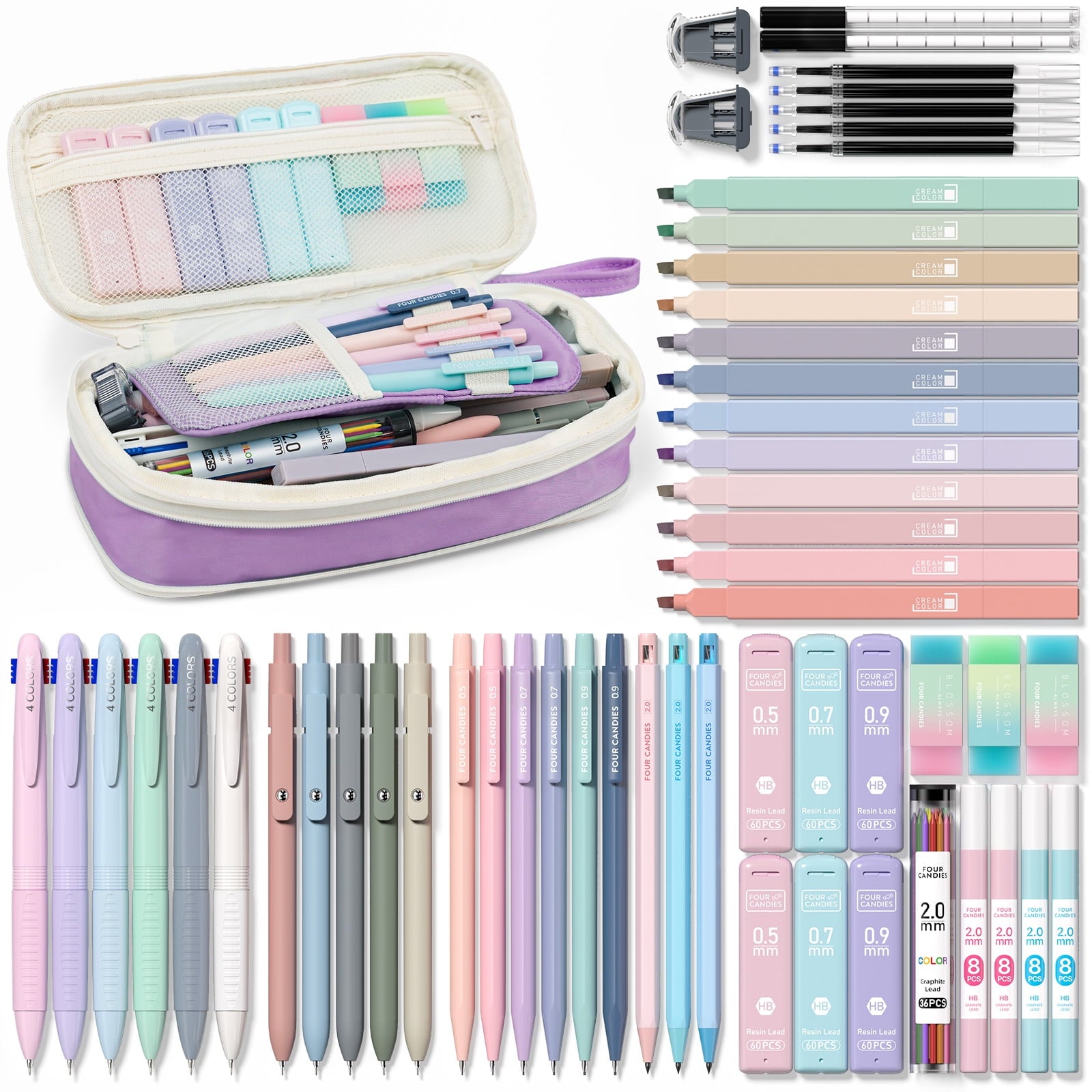 Four Candies 56 PCS Aesthetic Supplies with Large Pencil Case, 6 Colored Ballpoint Pens, 12 Pastel Highlighters, 5 Black Ink Gel Pens, 9 Mechanical Pencils 0.5-2.0mm Essentials (Green)