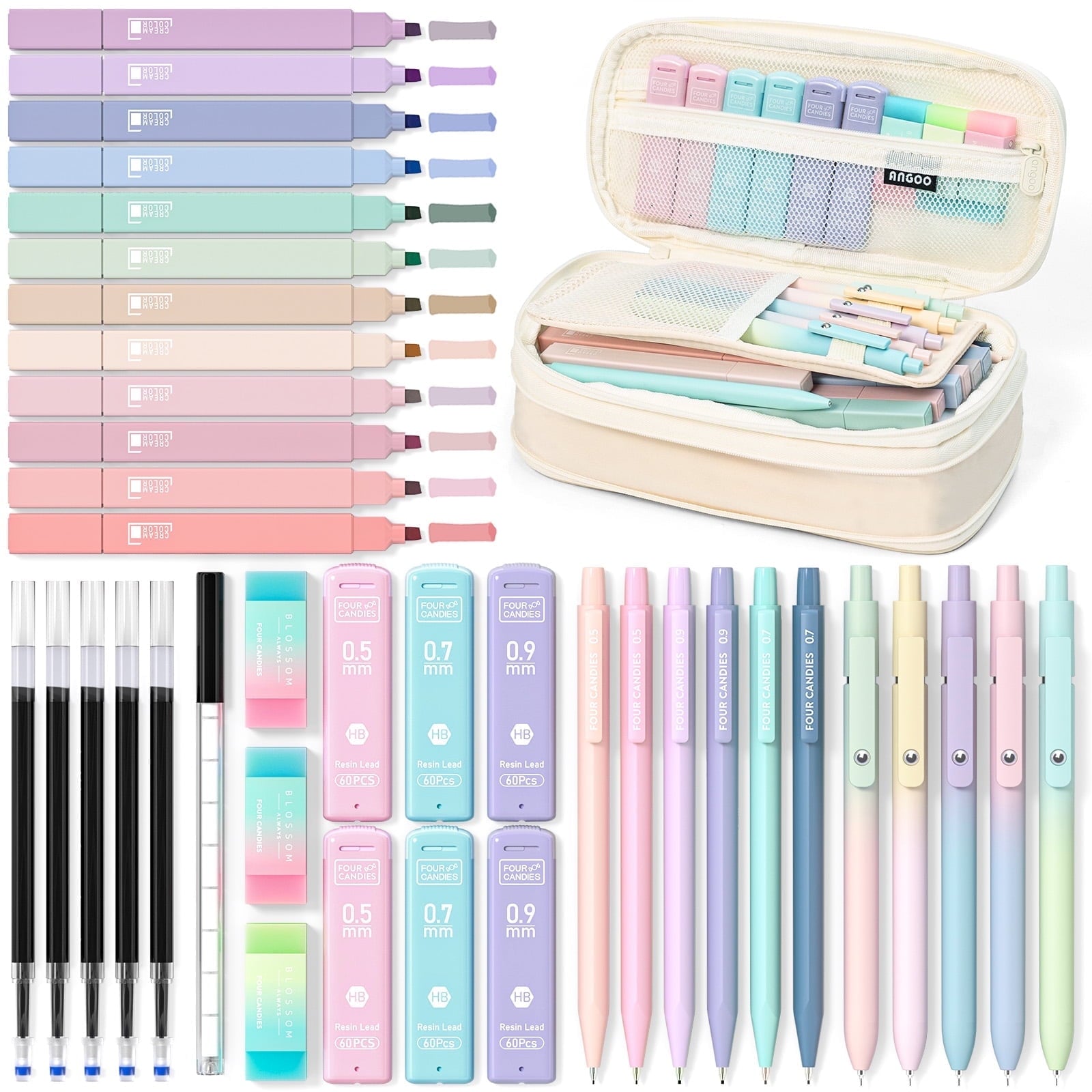 Four Candies 39 PCS Aesthetic Supplies with Cute Pen Case, 12 Pastel Highlighters, 5 Black Ink Gel Pens, 6 Mechanical Pencils Set 0.5 & 0.7 mm for Stationary College Essentials (Pink)