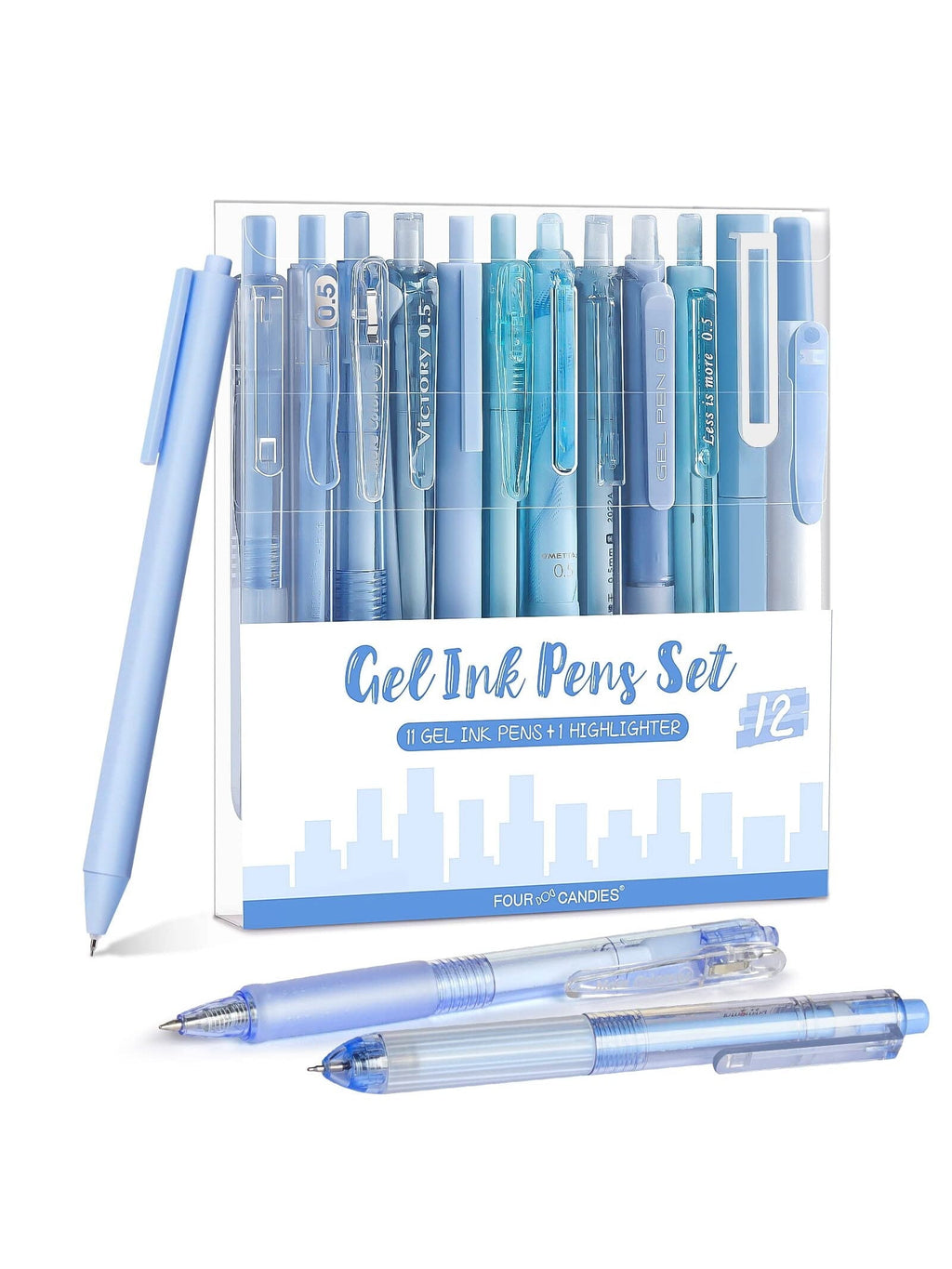 Four Candies Retractable Pink Pen Set, 11Pcs Black Ink Gel Pens(0.5mm), 1Pcs Pink Highlighter, 0.5mm Fine Point for Journaling, Writing and Note-Taking