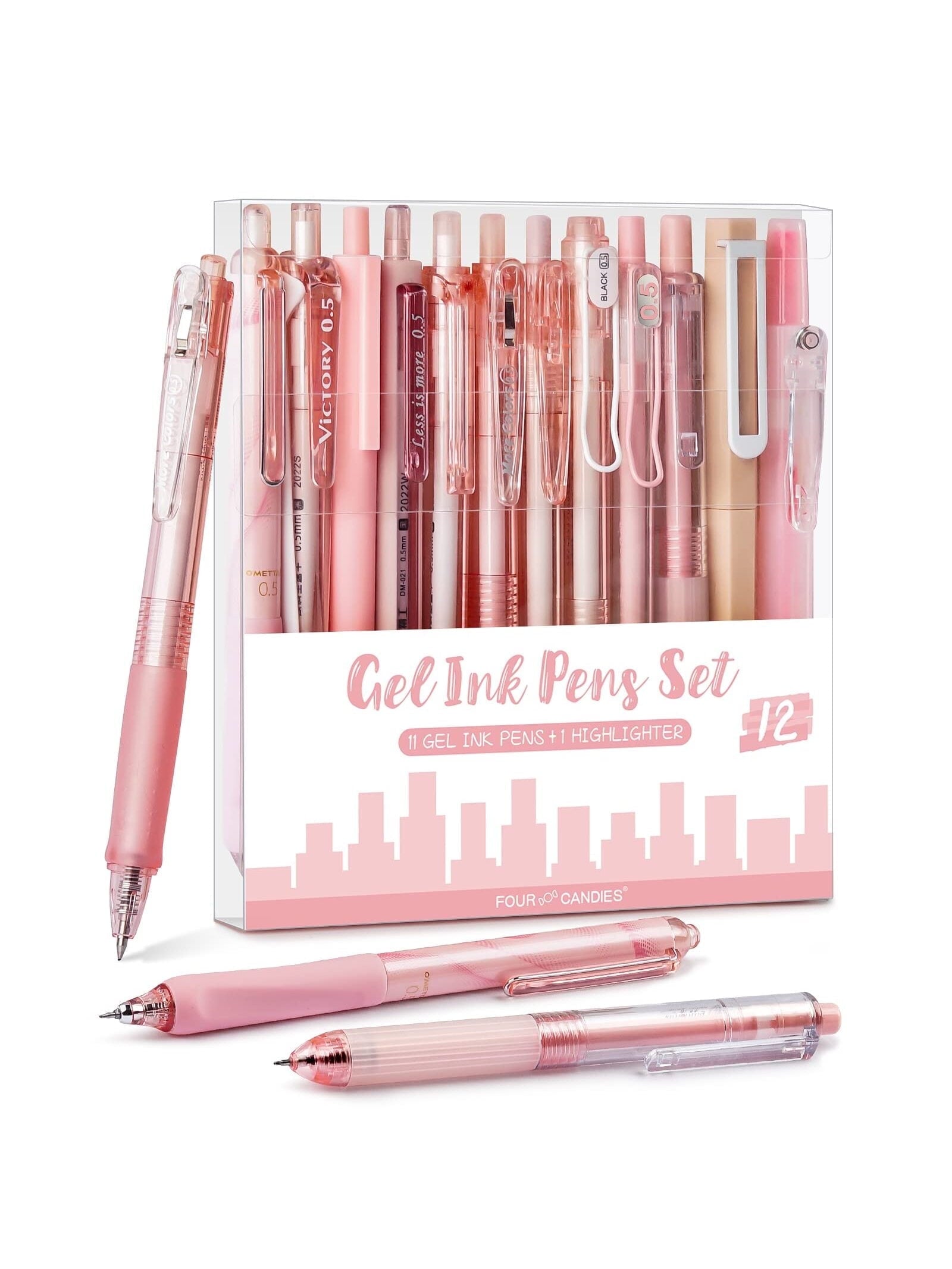 Four Candies Retractable Pink Pen Set, 11Pcs Black Ink Gel Pens(0.5mm), 1Pcs Pink Highlighter, 0.5mm Fine Point for Journaling, Writing and Note-Taking