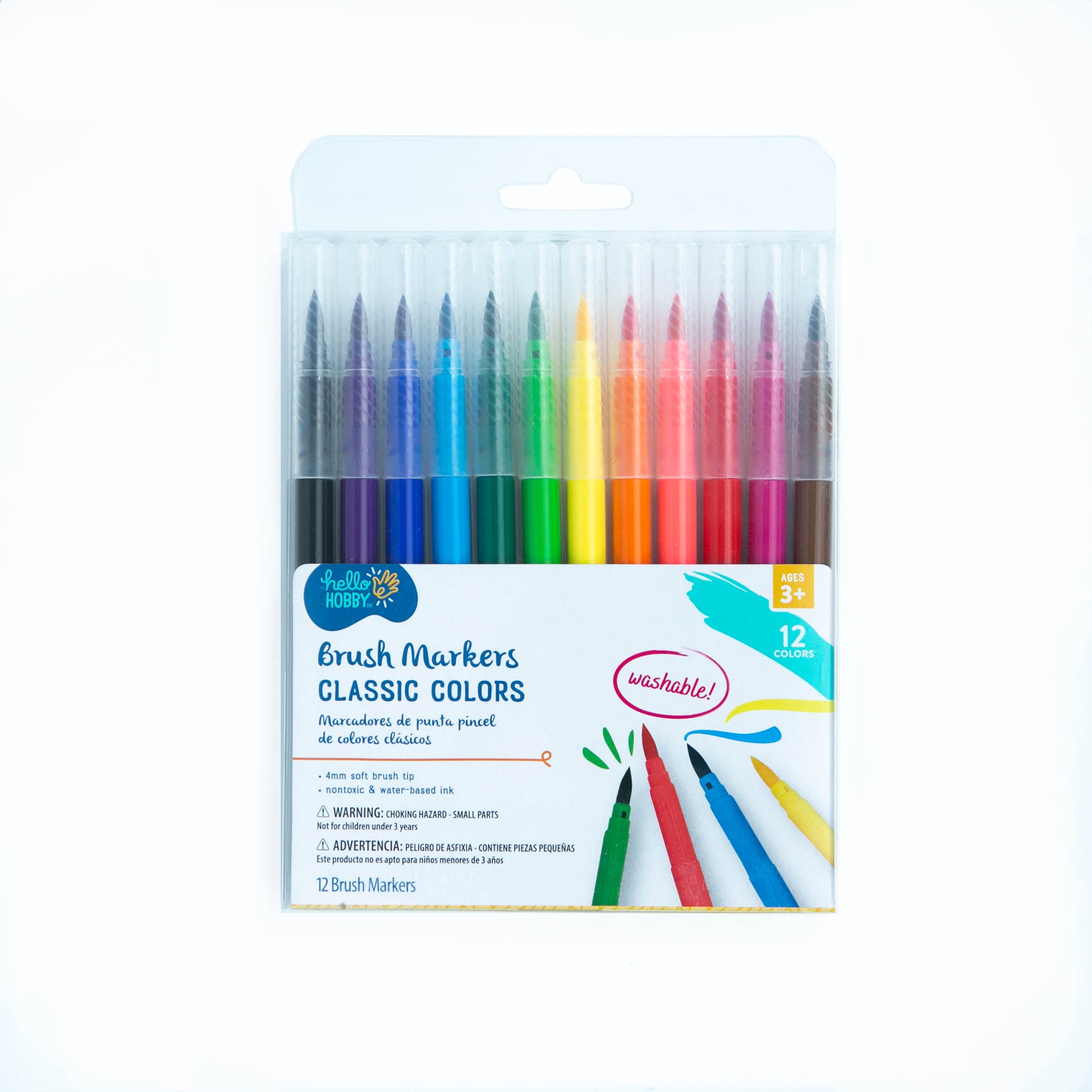 Hello Hobby Brush Markers with Washable Ink, Bullet Tip, Assorted Classic Colors, 12 Pieces