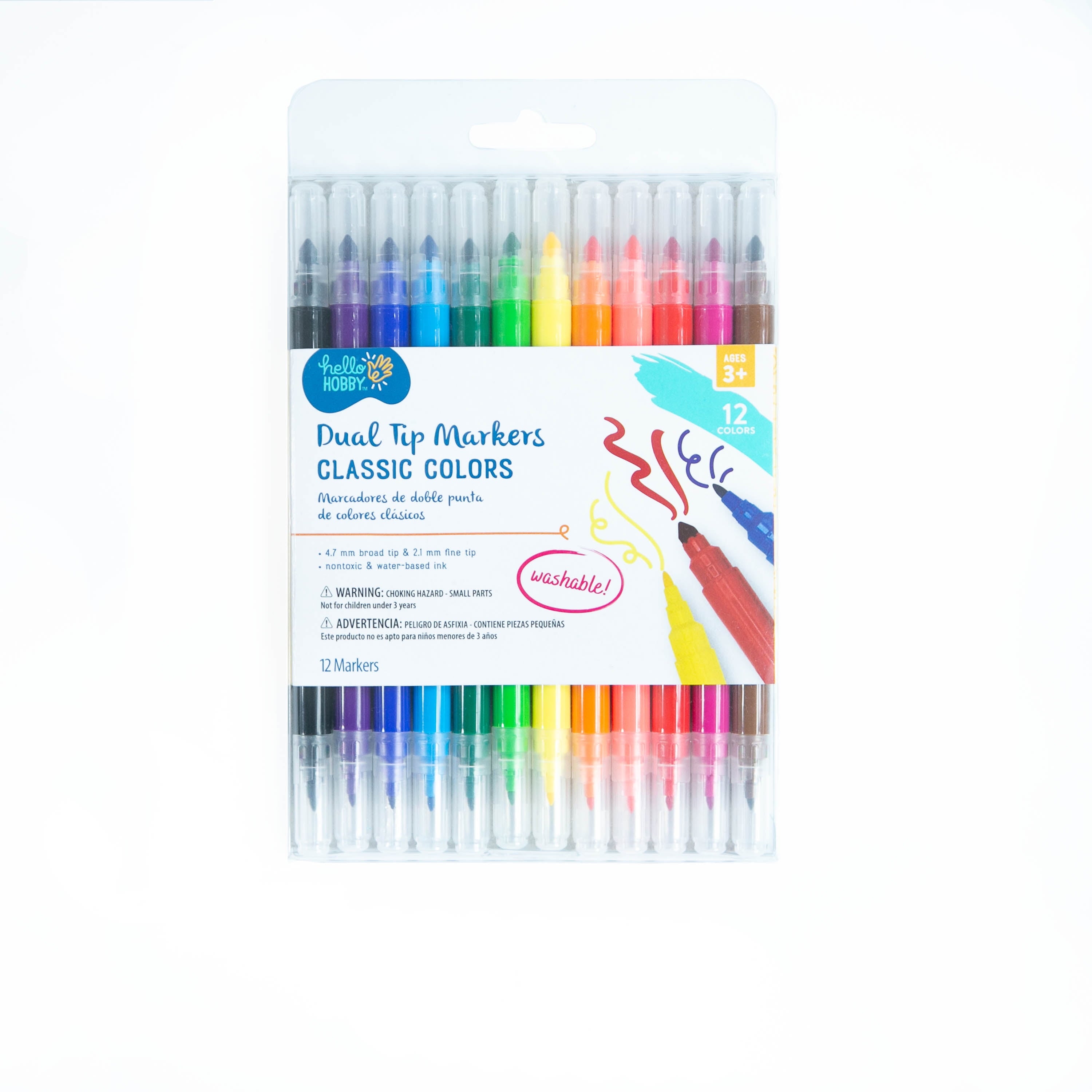 Hello Hobby Washable Dual Tip Markers, Brush and Fine Tips, Assorted Classic Colors, 12 Count