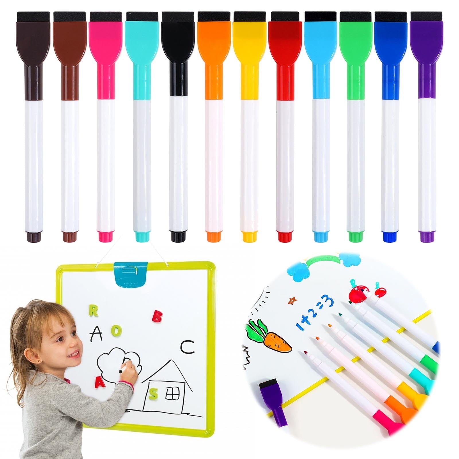 IGEED Magnetic Whiteboard Markers,Fine Tip Dry Erase Markers with Eraser,White Board Marker with Eraser Cap,Low Odor Thin Markers for Calendar Boards,Assorted Bright Colors