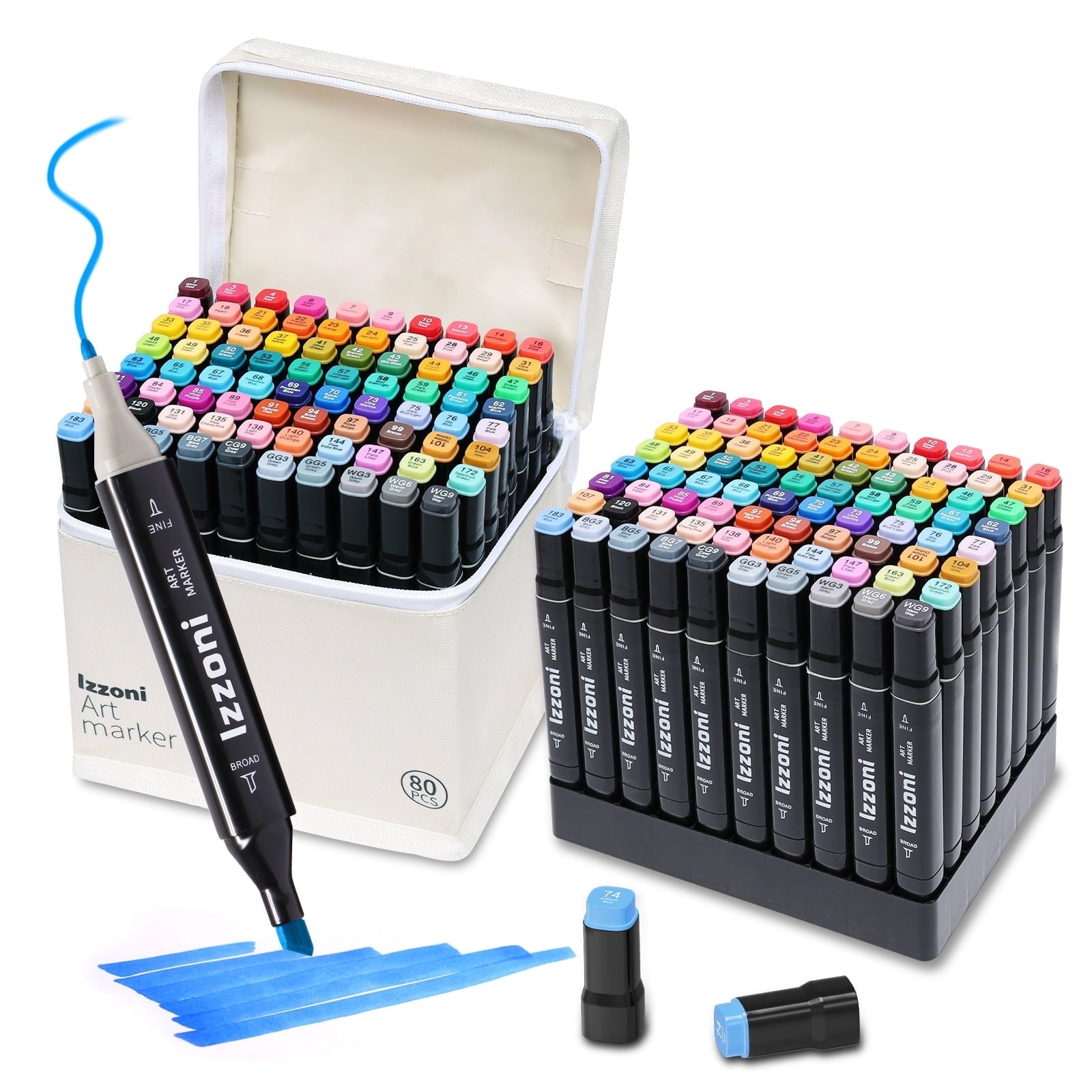 Izzoni 80 Colors Alcohol Markers Set, Dual Tip Coloring, Permanent Art Drawing Marker for Adult Sketching Coloring with Case and Holders