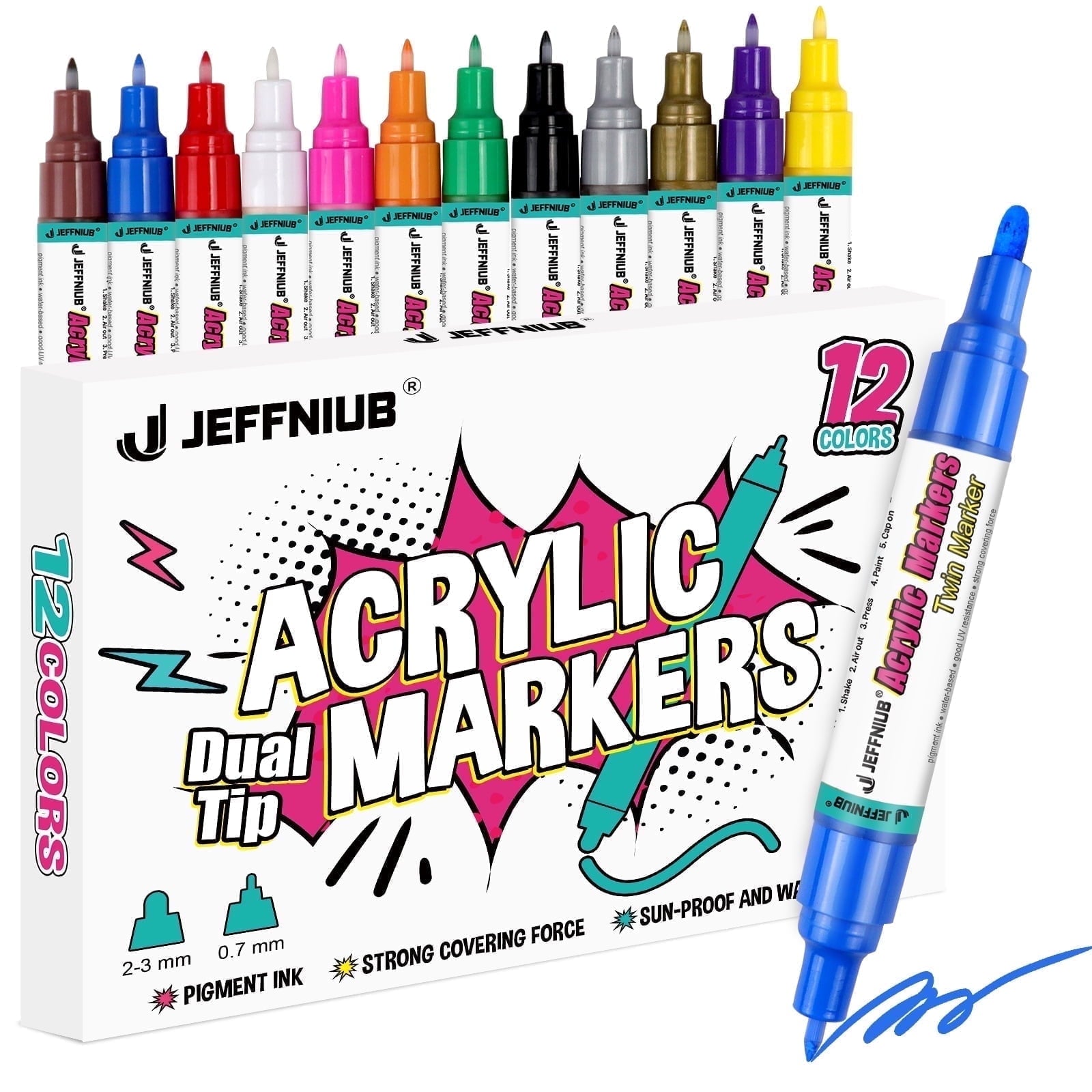 JEFFNIUB Acrylic Paint Pens Dual Tips 2mm-0.7mm, 12 Colors Paint Pens Markers for Rock Painting Glass, Wood, Canvas DIY Drawing