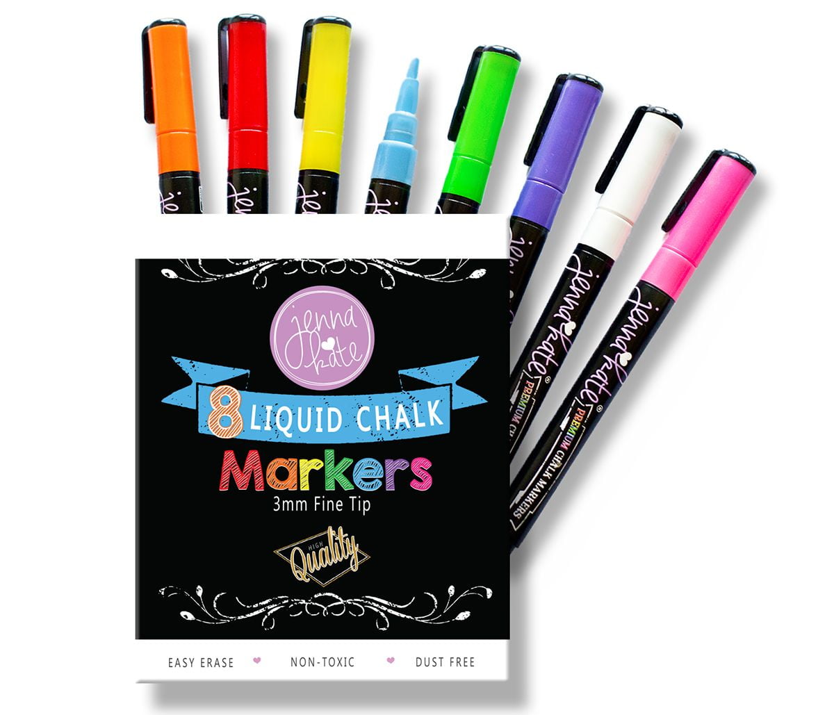 Jennakate 8 Pack dry erase neon liquid chalk markers - 3mm - fine tip