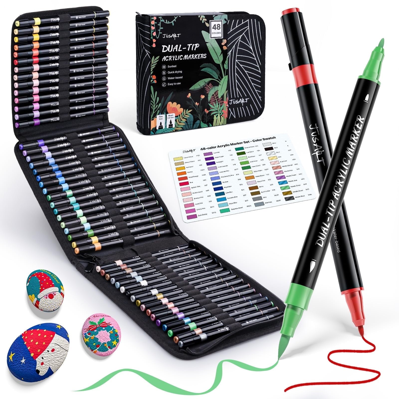 JusArt 48 Colors Markers, Dual Tip with Brush Tip and Fine Tip，for Rock, Wood, Egg, Canvas, Glass, Stone, Ceramic, DIY Crafts Professional Art Supplies with Bag