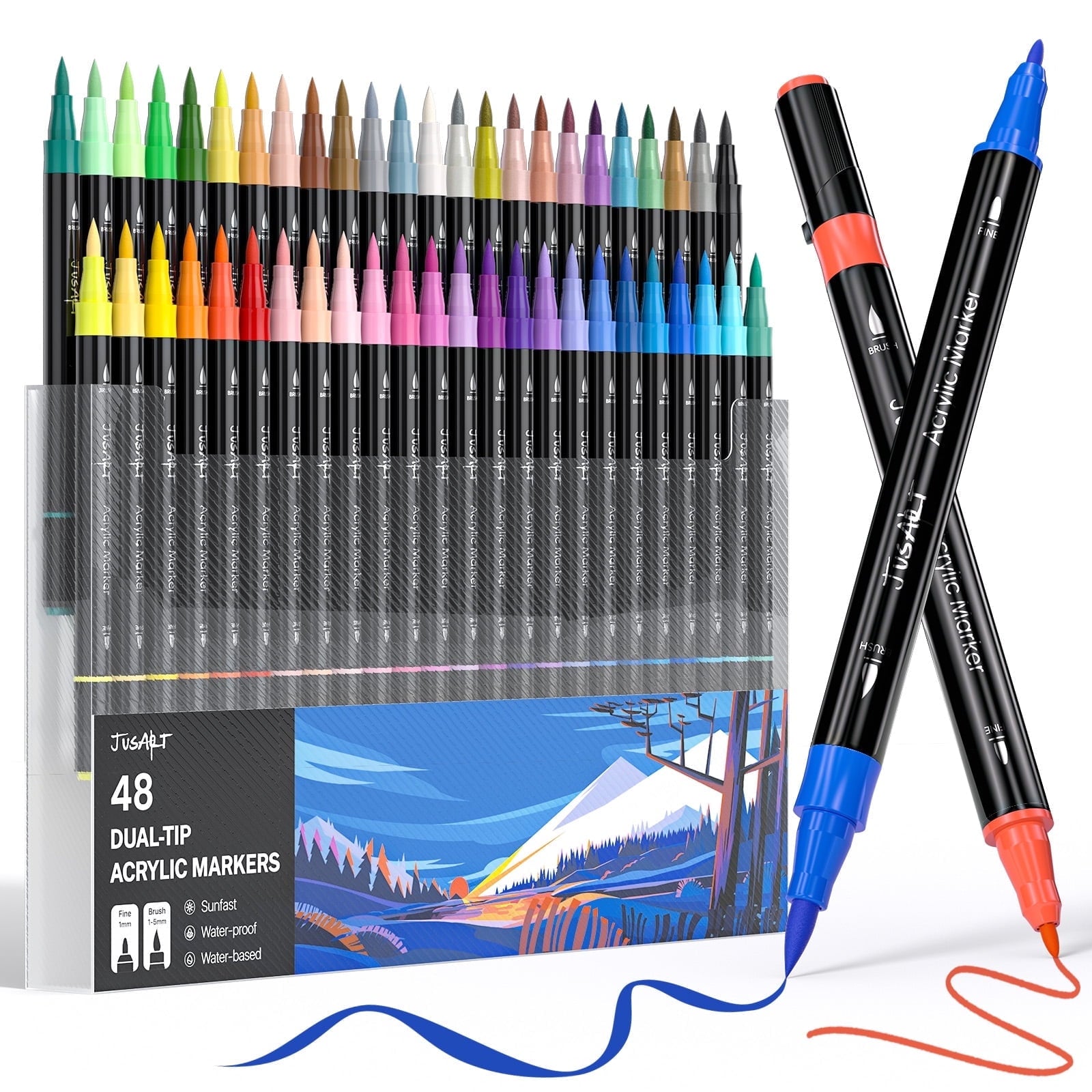 JusArt 48 Colors Markers, Dual Tip with Brush Tip and Fine Tip，for Rock, Wood, Egg, Canvas, Glass, Stone, Ceramic, DIY Crafts Professional Art Supplies