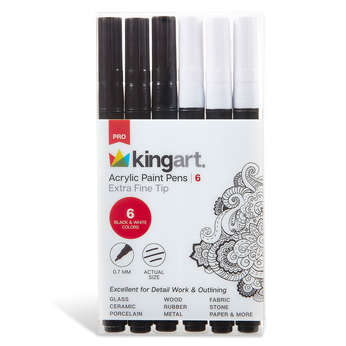 KINGART&reg; PRO Extra Fine Point Acrylic Paint Pen Markers, Black & White, Set of 6 (3 each)