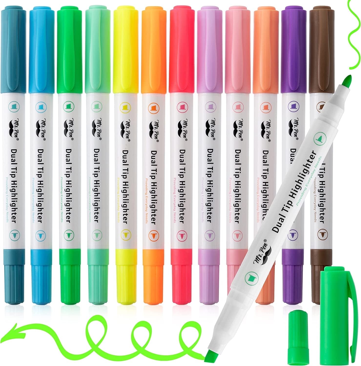 Mr. Pen- Dual Tip Highlighters, Pastel Colors, 12 Pack, Fine & Chisel Tip Highlighters Assorted Colors