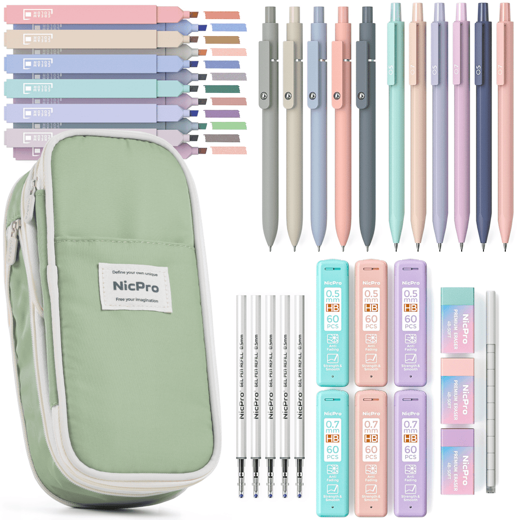 Nicpro 39Pcs Aesthetic Supplies with Big Capacity Pen Case, 12 Colors Chisel Tip Cute Highlighters, 5 Quick Dry Retractable Black Ink Pens, 6 Pastel 0.5 & 0.7 mm Mechanical Pencil